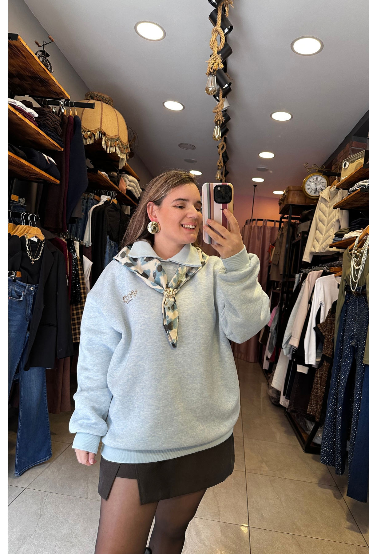 Fularlı Polo Yaka Şardonlu Sweat -  Mavi