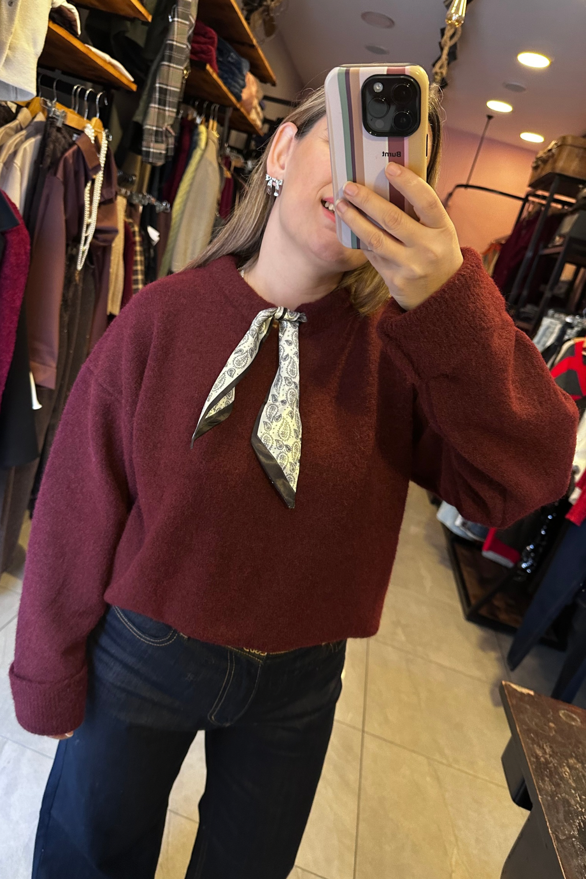 Fularlı Triko Kazak - Bordo