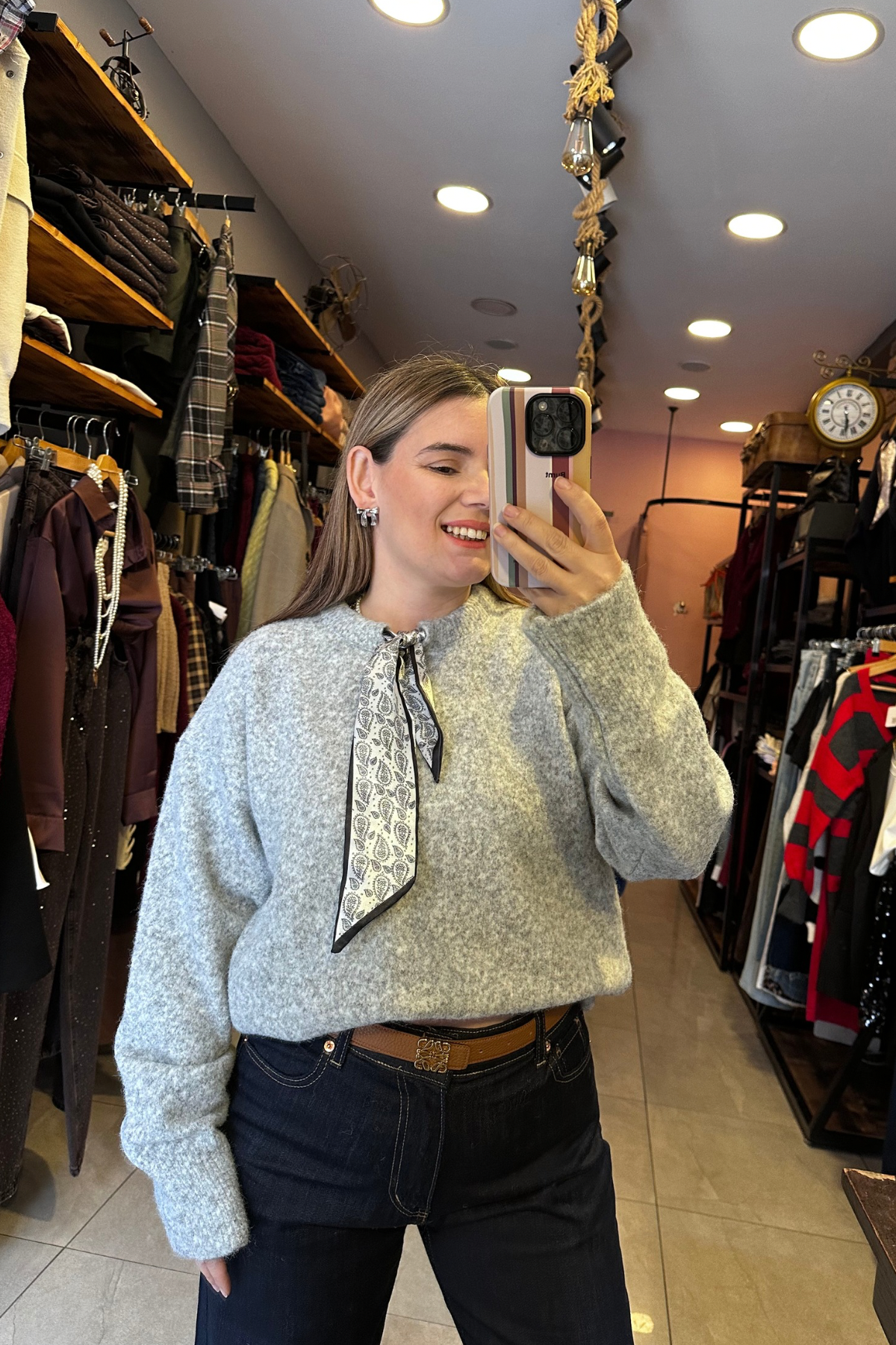 Fularlı Triko Kazak - Gri