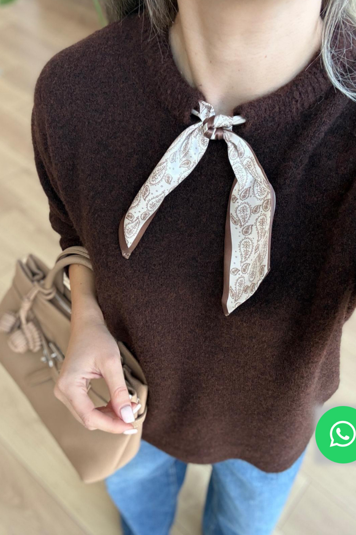 Fularlı Triko Kazak - Kahve 