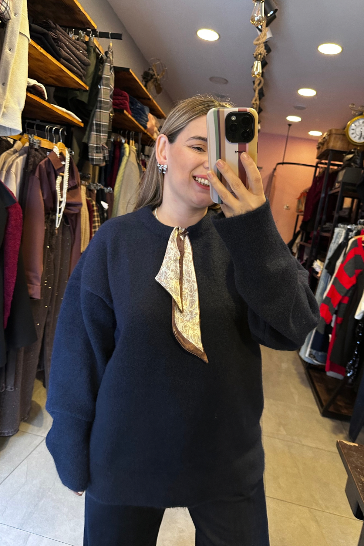 Fularlı Triko Kazak - Lacivert