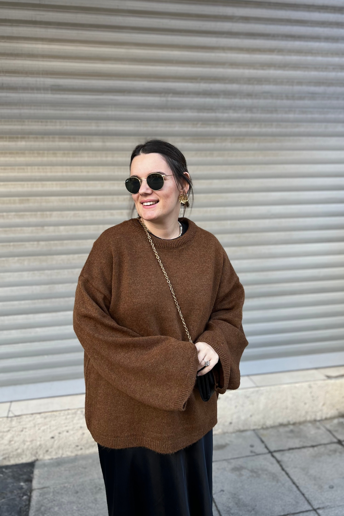 Geniş Kol Düşük Omuz Oversize Triko Kazak - Kahve