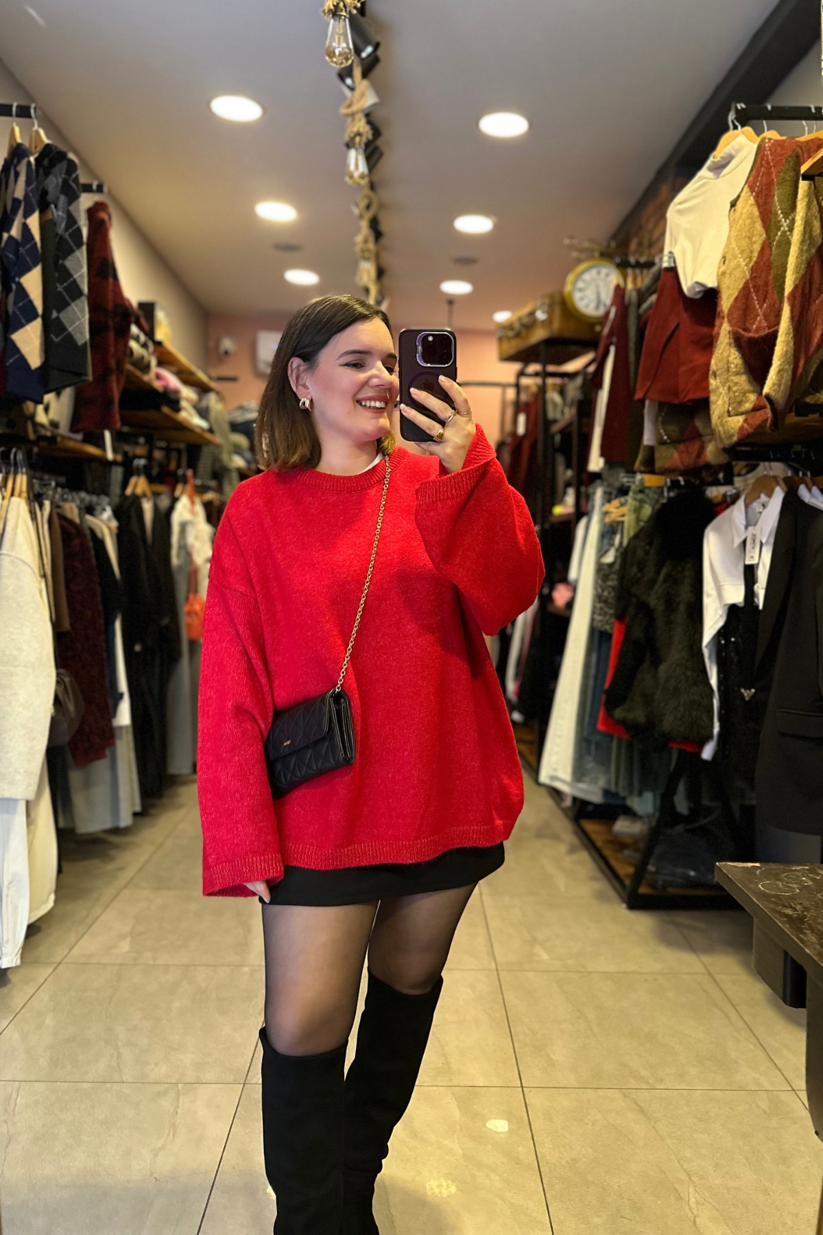 Geniş Kol Düşük Omuz Oversize Triko Kazak - Kırmızı