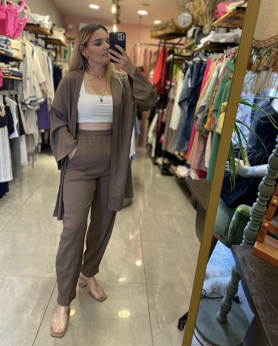 Gofre kumaş kimono Takım - kahve