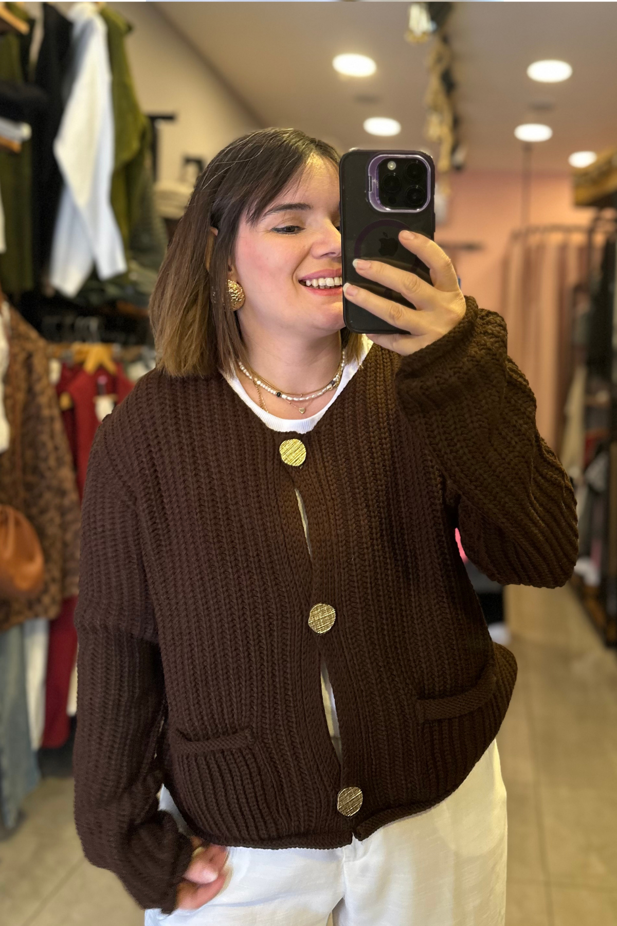 Gold Düğme Detaylı Örme Triko Hırka Kahverengi