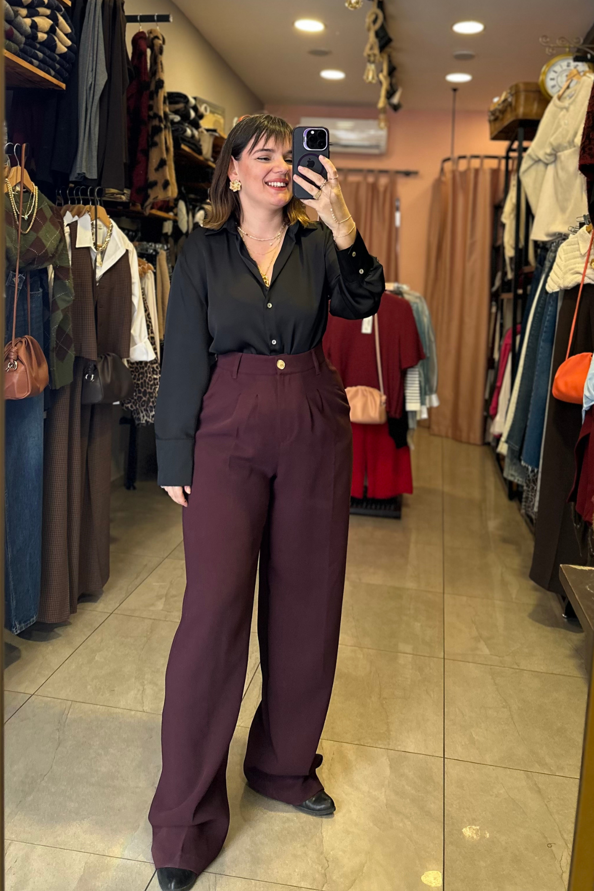 Gold Düğme Premium Palazzo Pantalon - Bordo 