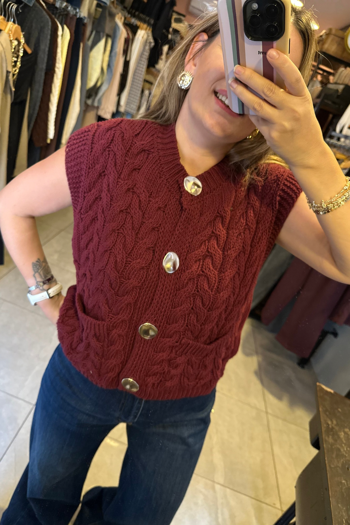 Gold Düğmeli Örgü Triko Yelek - Bordo