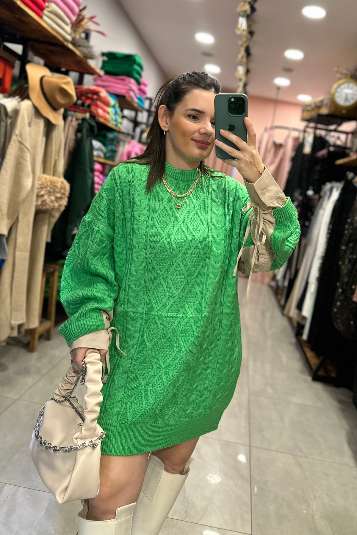 Gömlek kol detay premium triko - yeşil