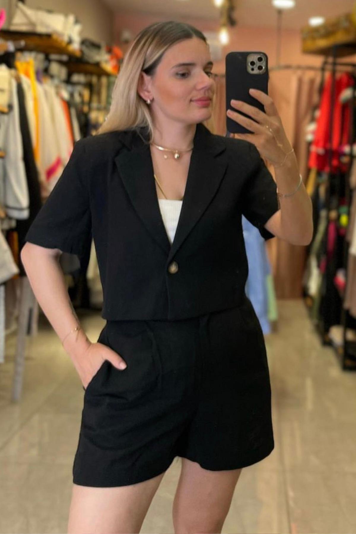 Ham Keten Blazer & Şort Takım - SİYAH