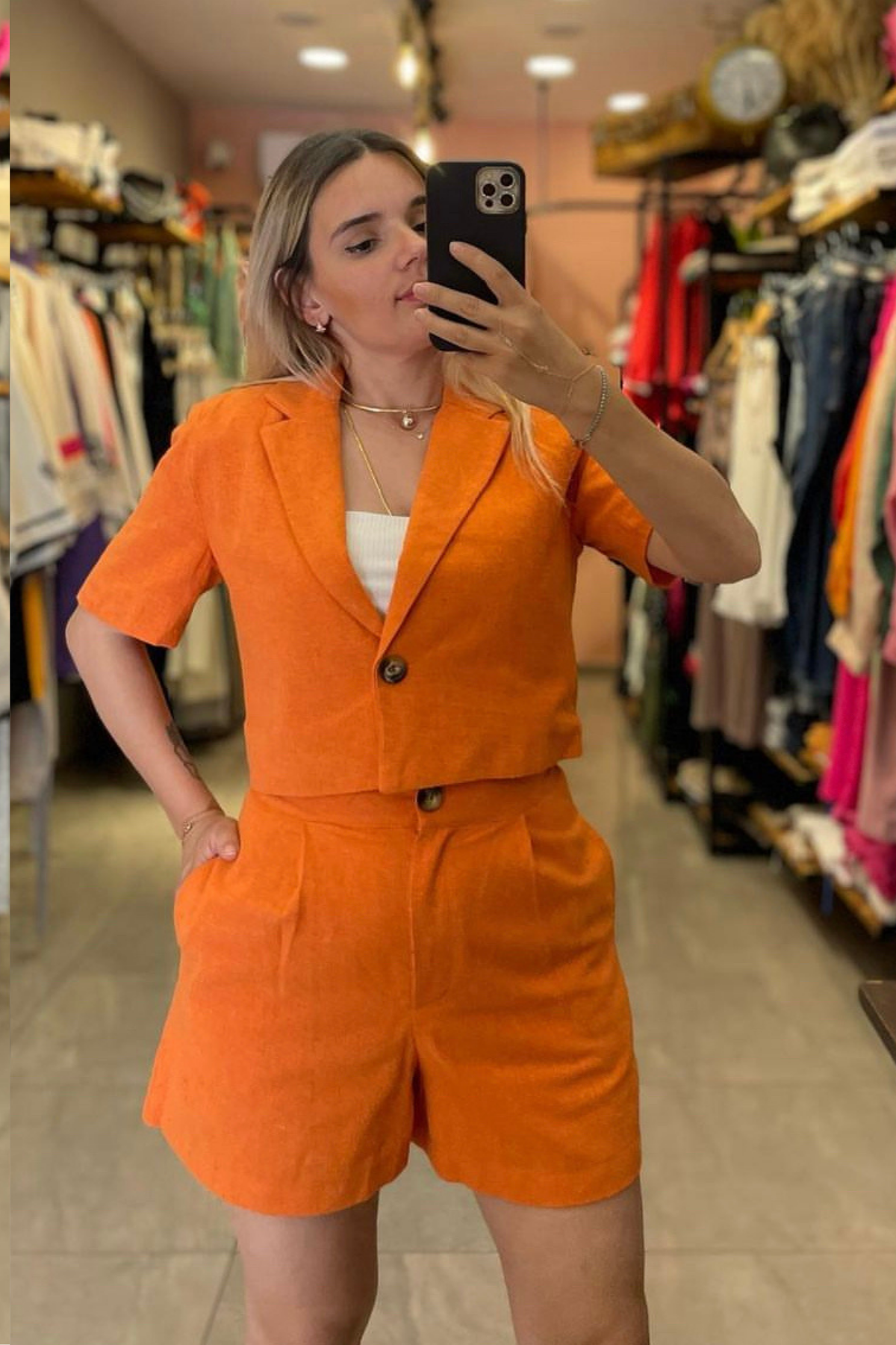 Ham Keten Blazer & Şort Takım - TURUNCU