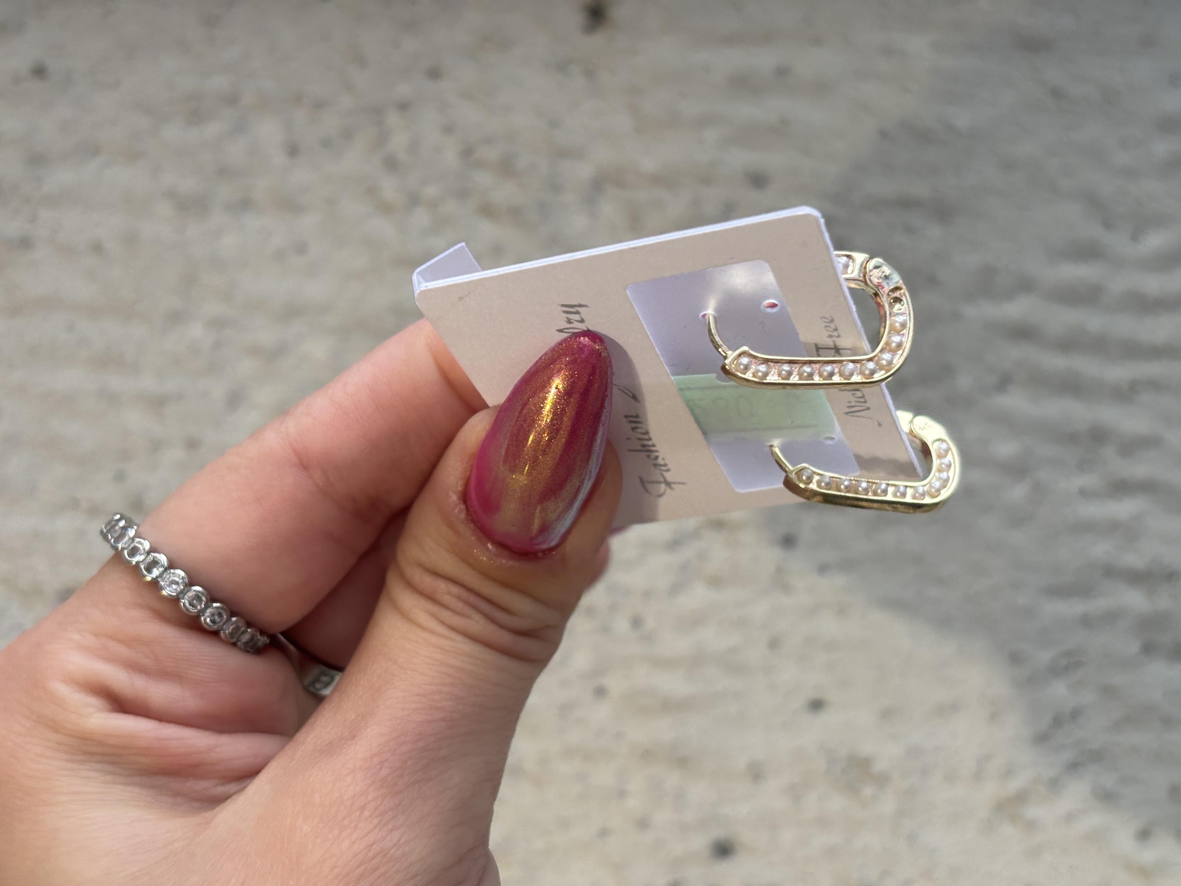 İncili Oval Gold Çelik Küpe