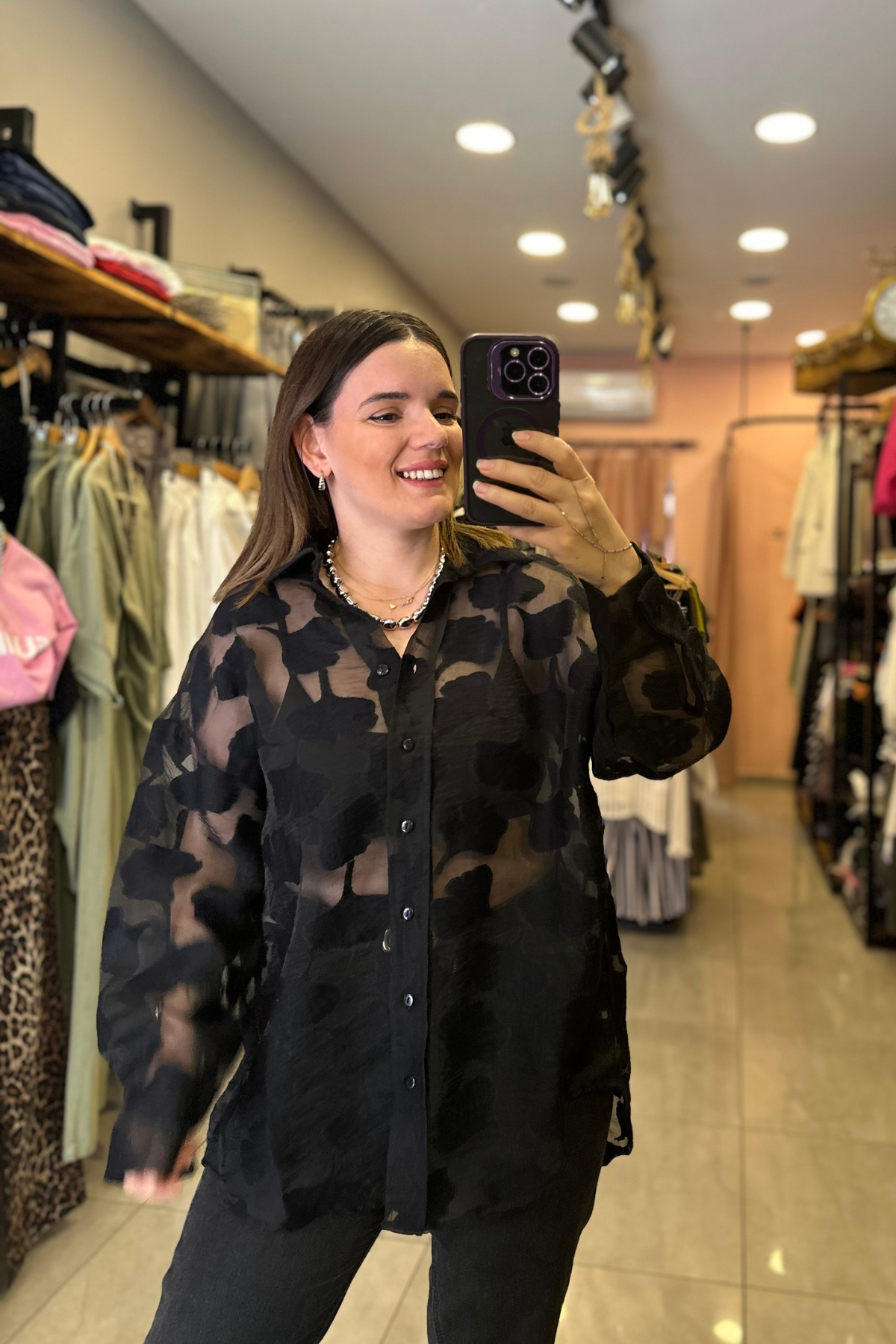 Kadife Dokulu Tül Gömlek (siyah)