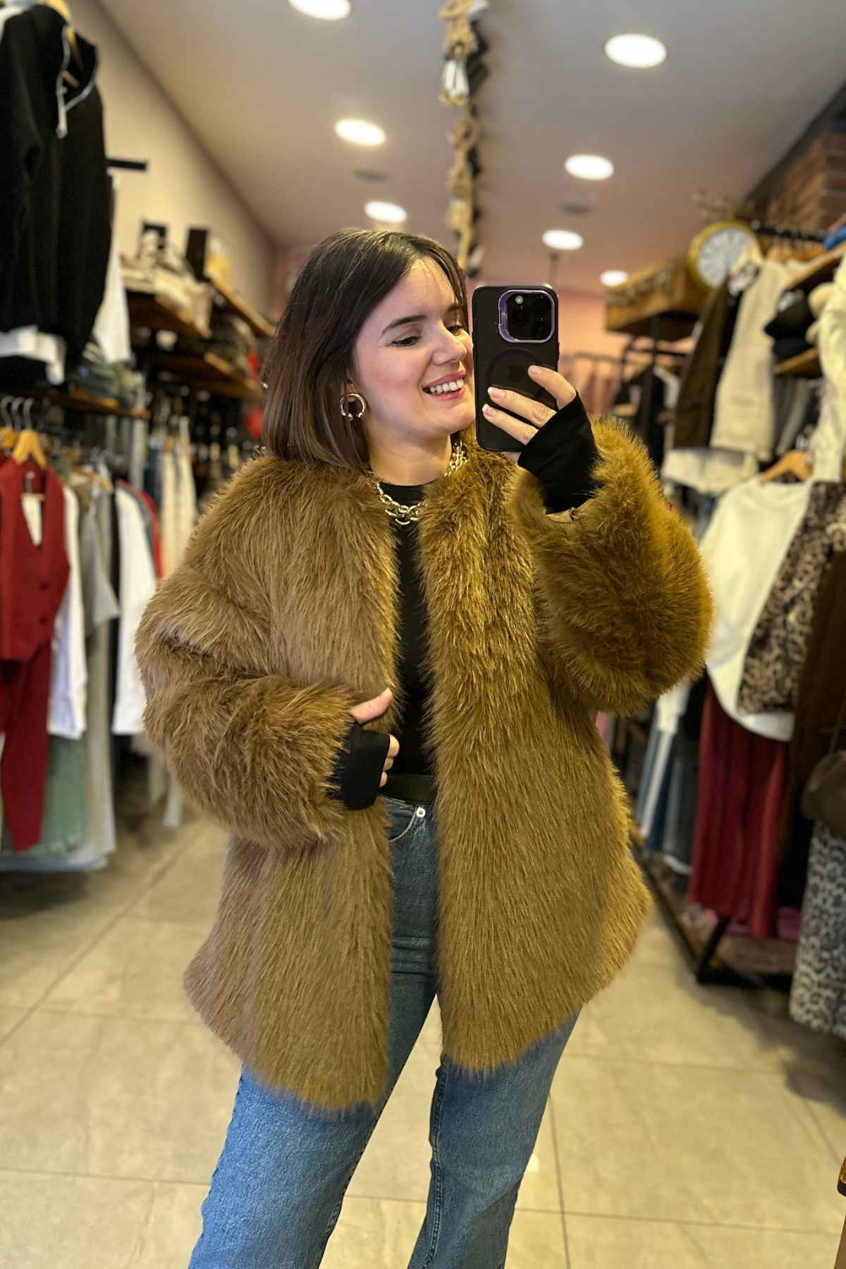 Kahve Bisiklet Yaka Peluş Kürk