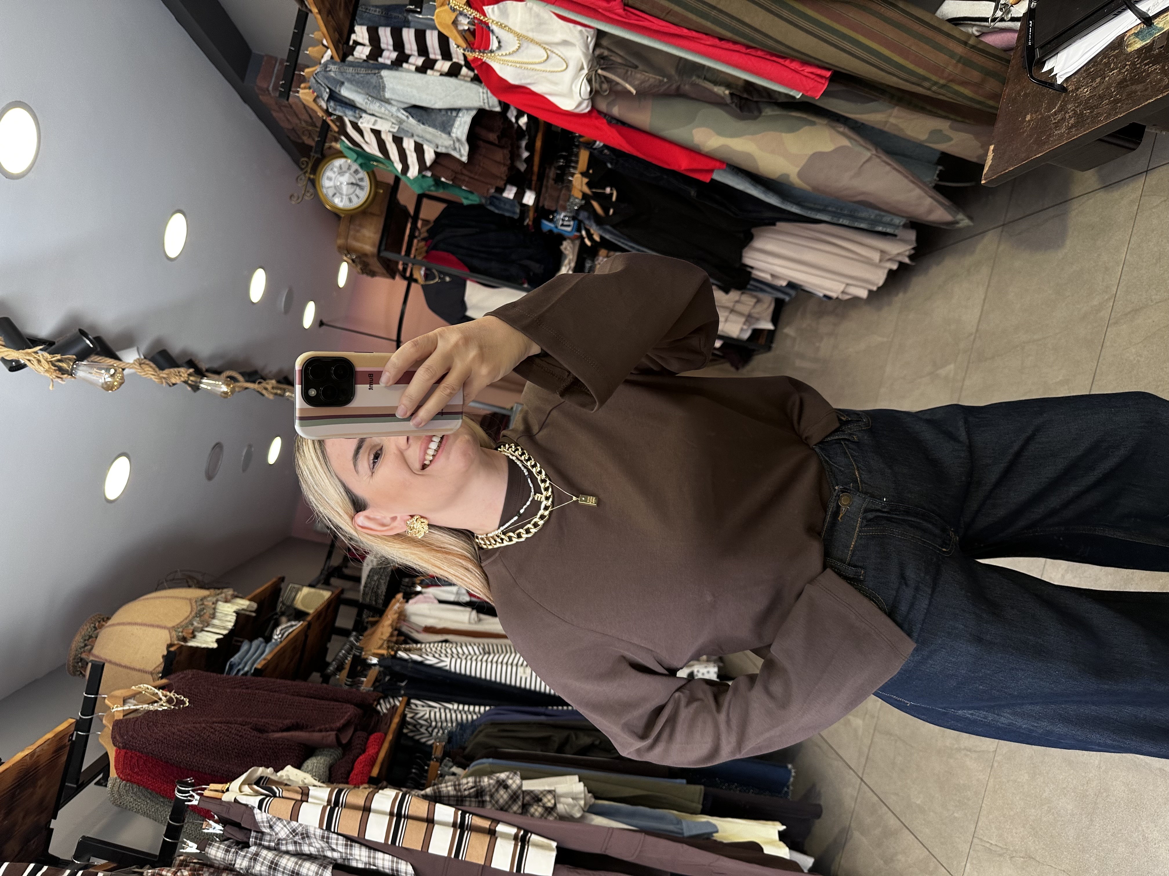 Kahve Oversize İspanyol Kol Basic T-Shirt