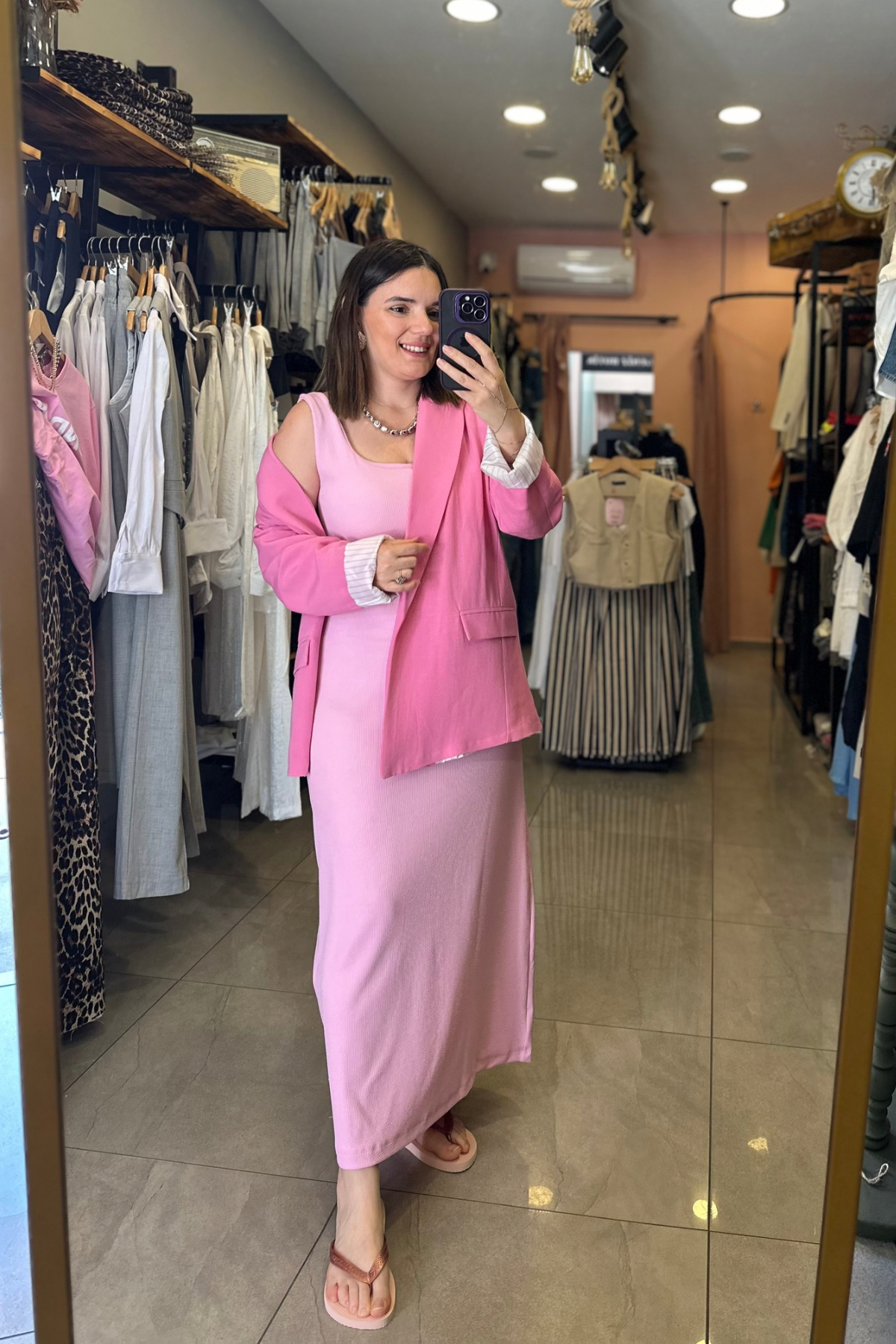 Kare Yaka Pembe Midi Boy Elbise