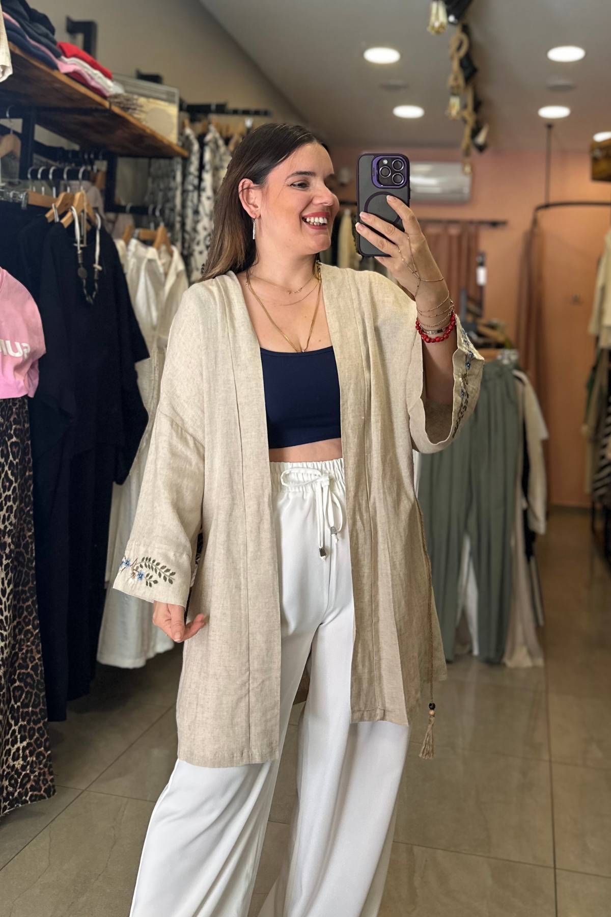 Kelebek İşlemeli Keten Kimono (kısa)