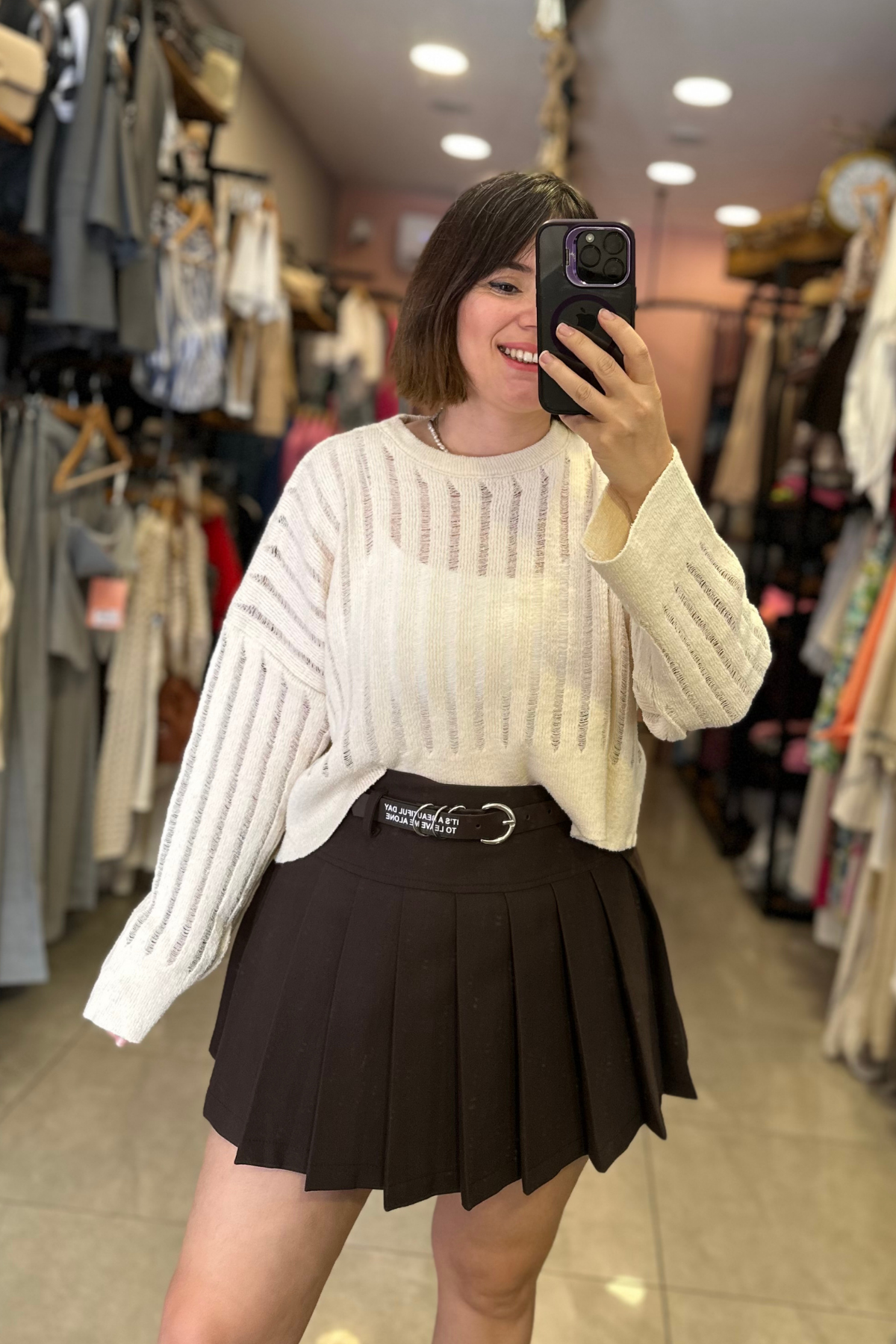 Kemer Detay Pileli Şort Etek