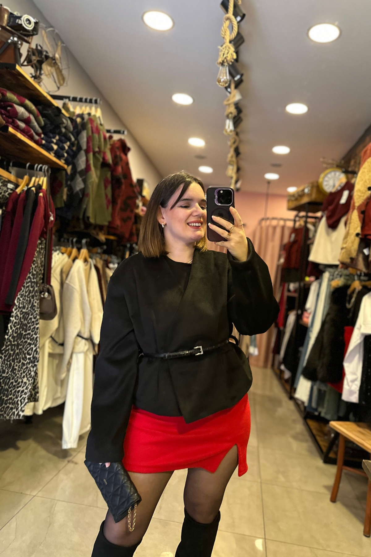 Kemerli Kaşe Ceket - Siyah