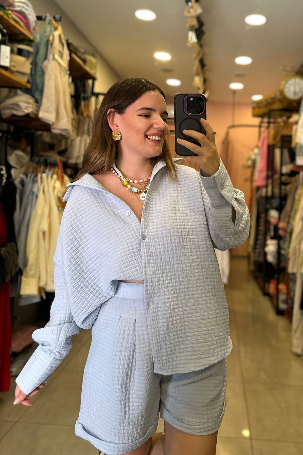 Kendinden Dokulu Gömlek Şort Takım - mavi