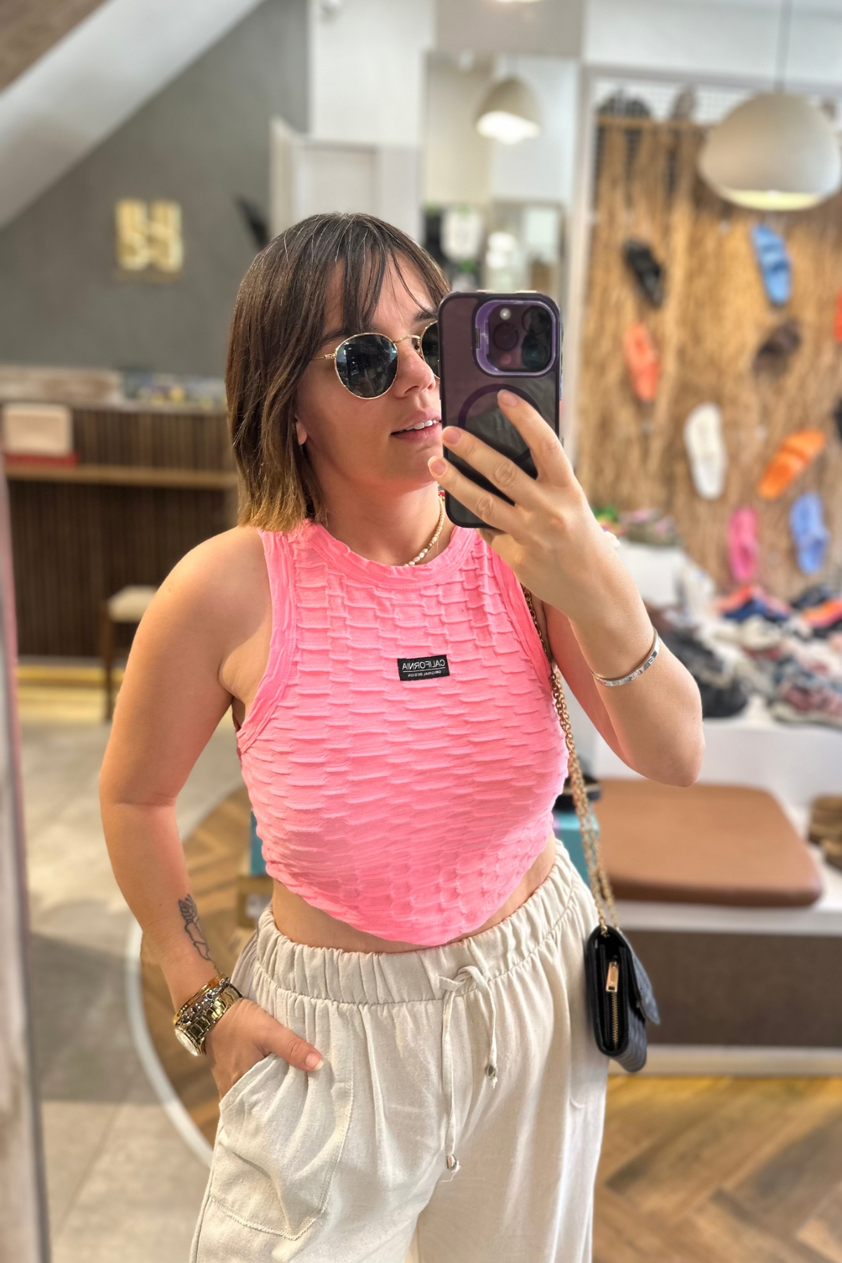 Kendinden Dokulu Halter Yaka Crop - PEMBE