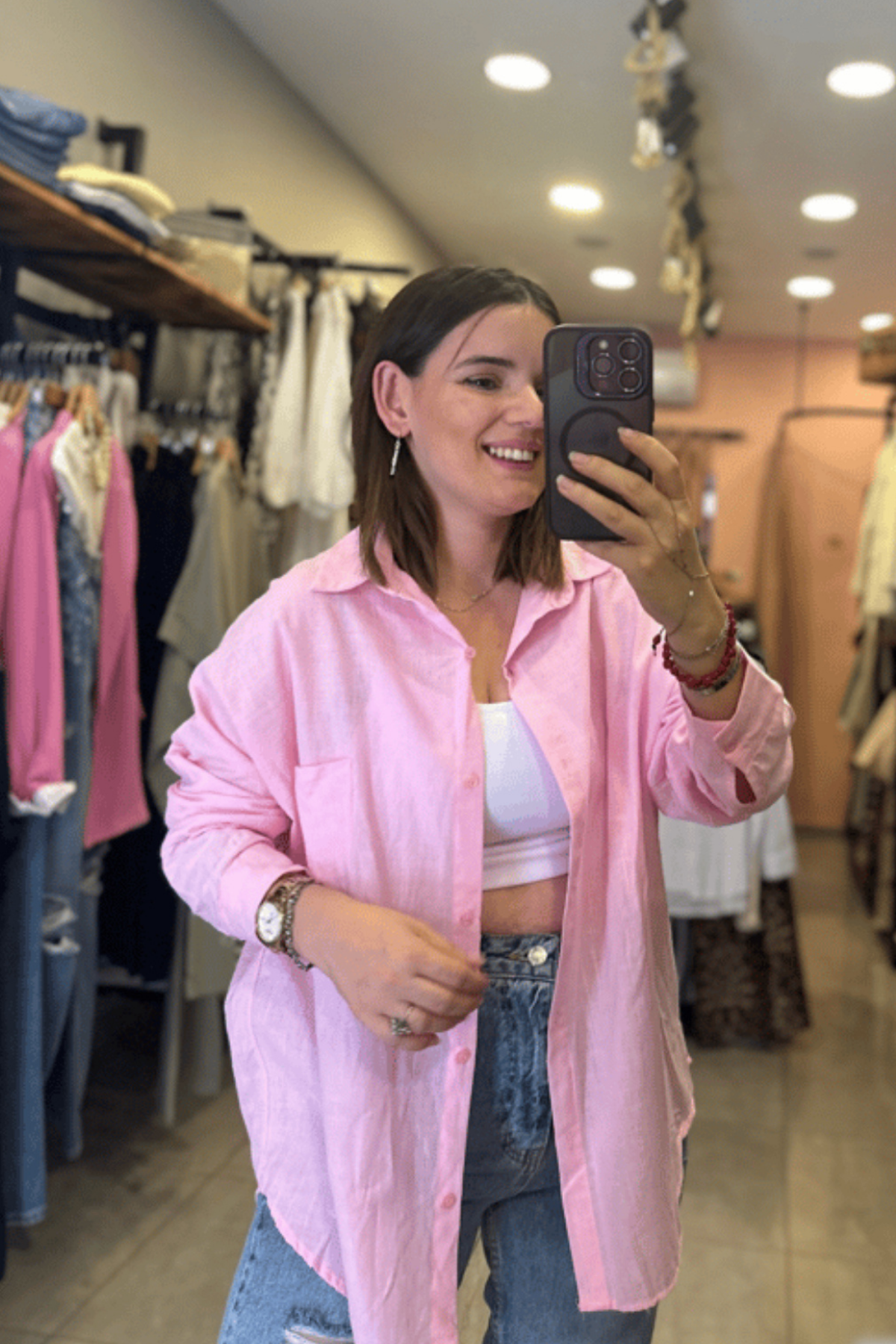 Keten Gömlek - Şeker Pembe