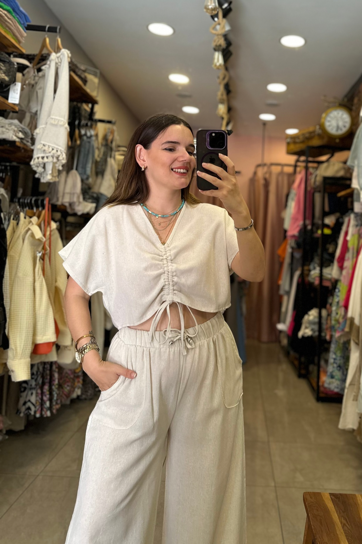 Keten Palazzo Bluz Takım