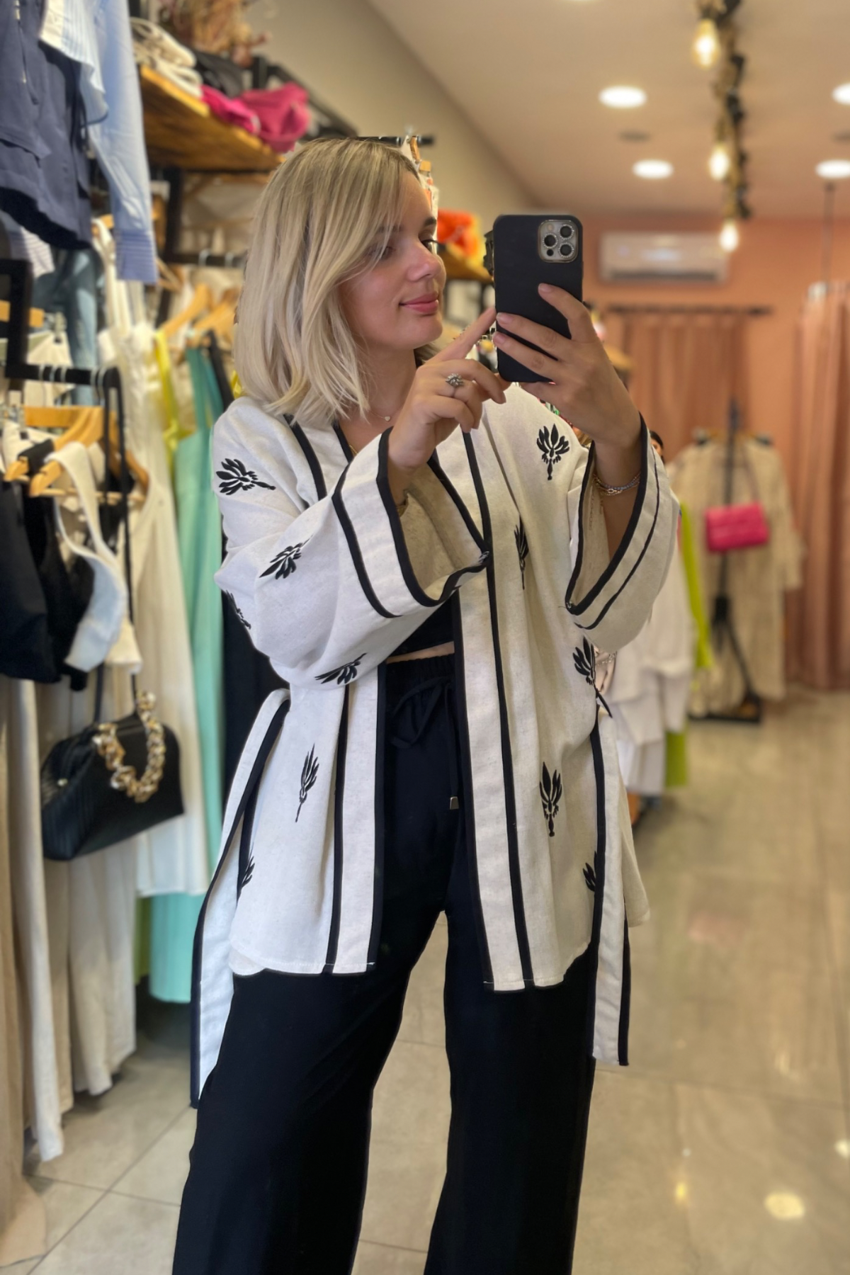 Kuşaklı Kısa Keten Kimono