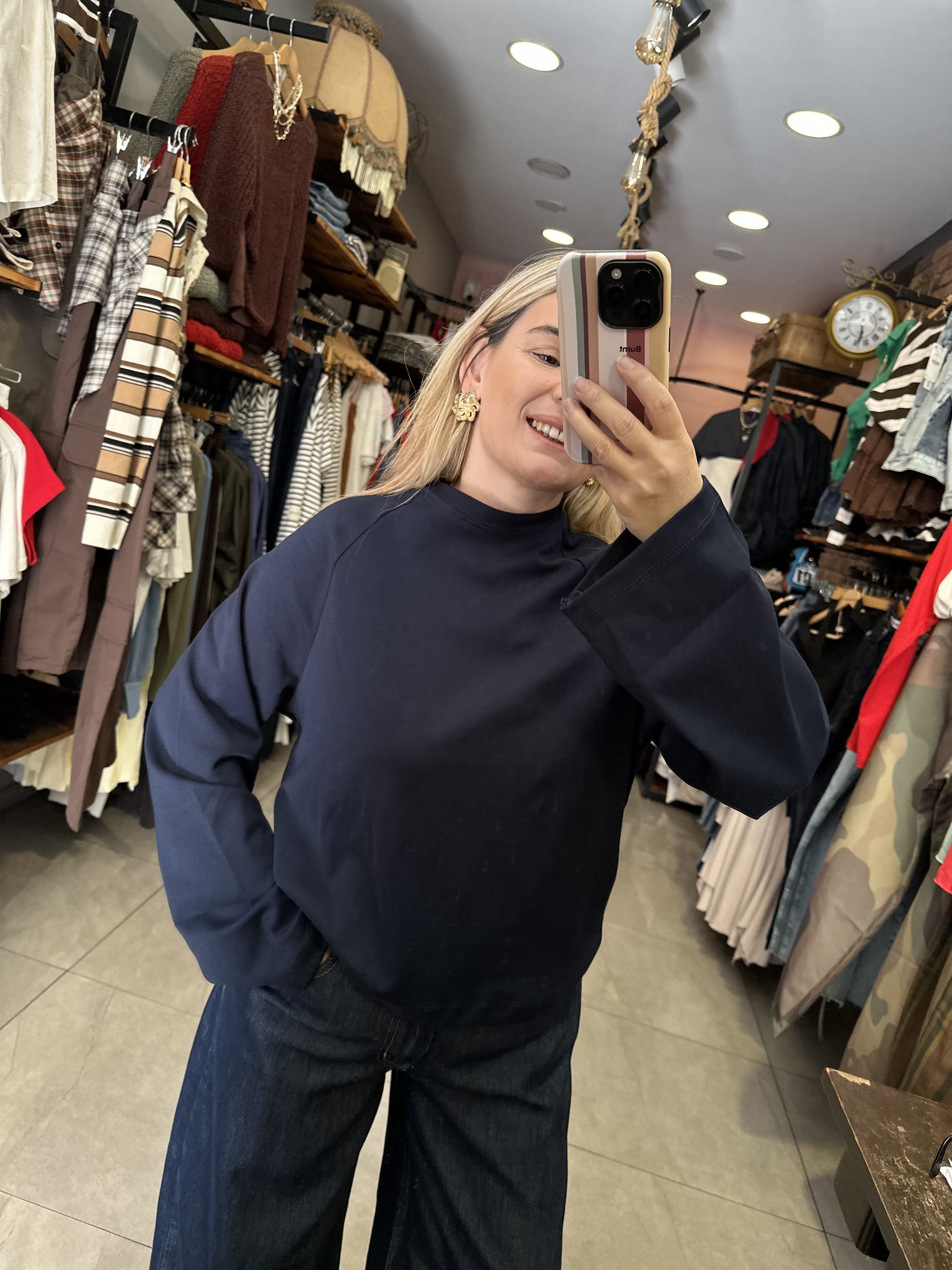 Lacivert Oversize İspanyol Kol Basic T-Shirt