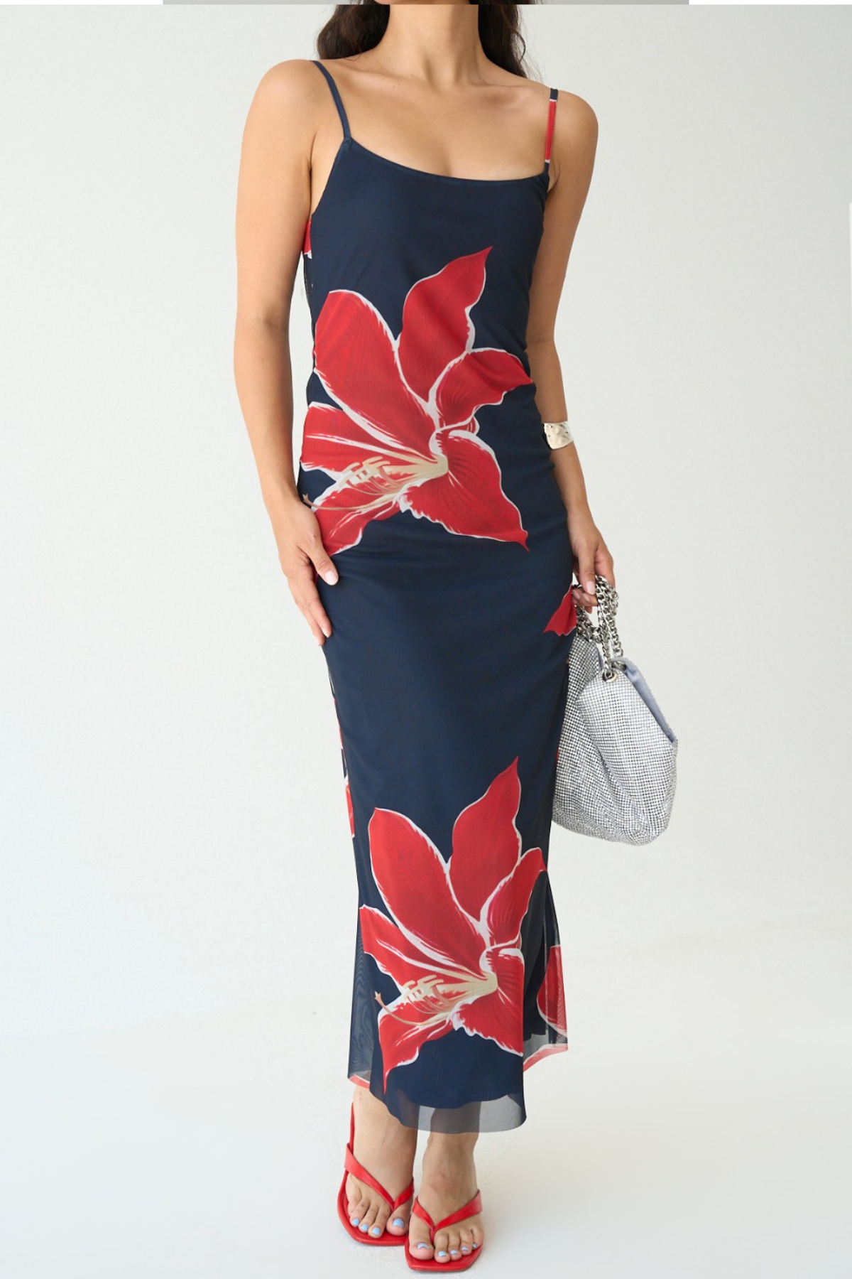 Larcivert Çiçek Desenli Tül Elbise 