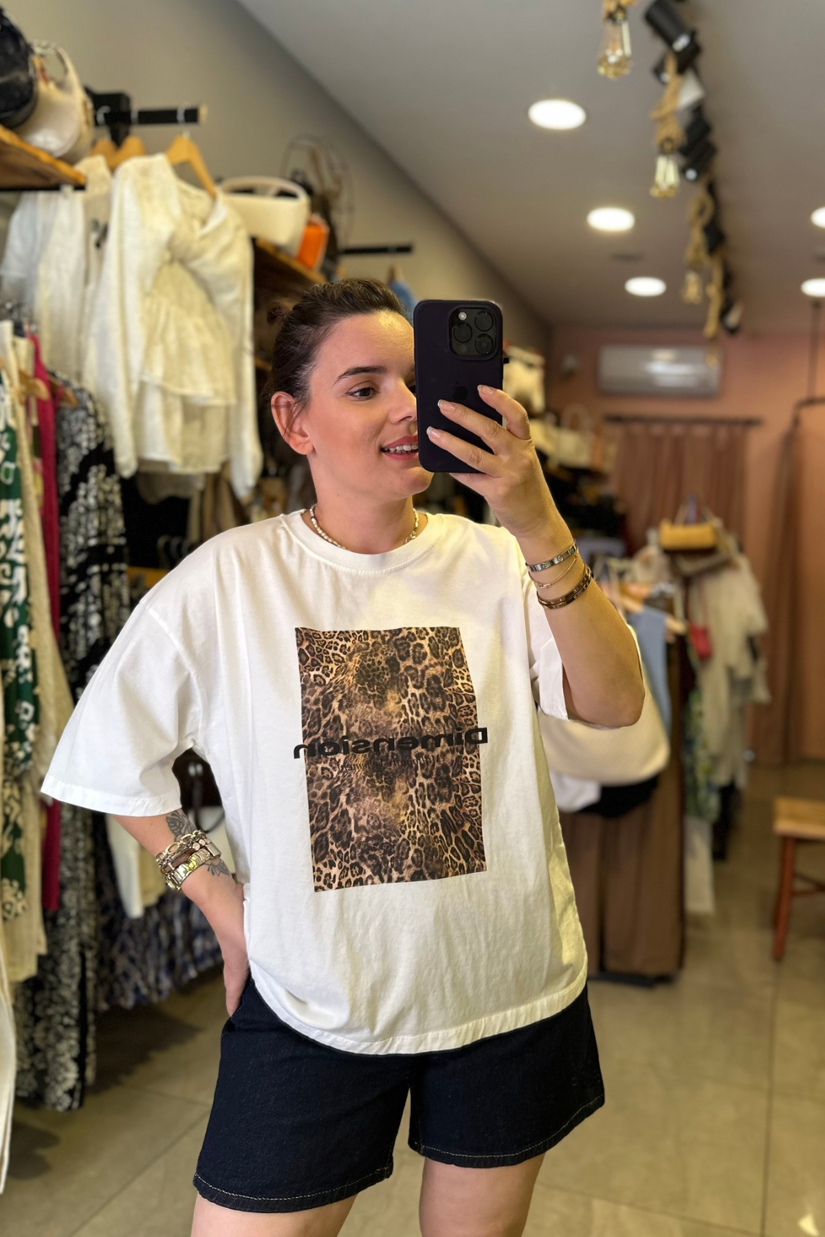 Leopar Baskı Detay Tşört - Ekru