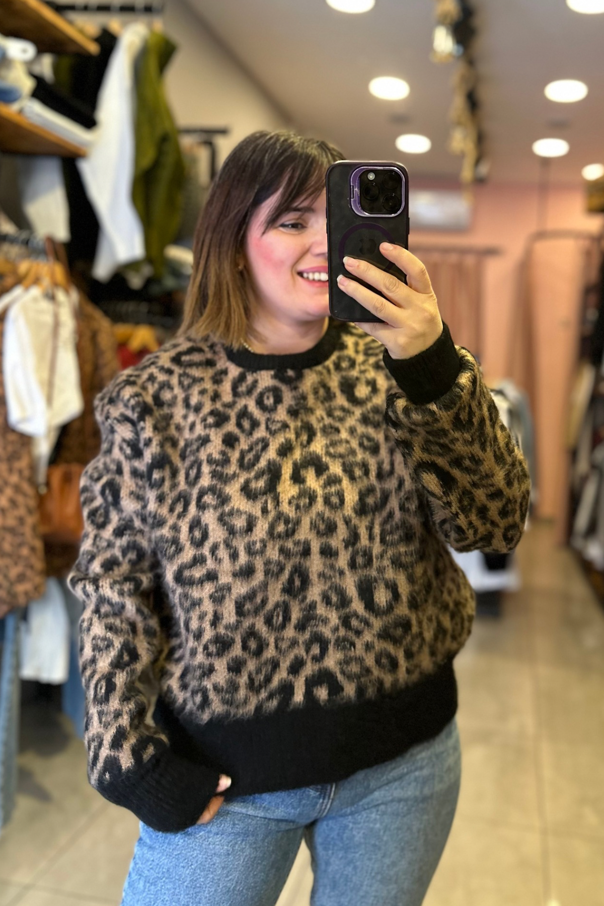 Leopar Desen Bisiklet Yaka Yumoş Triko Kazak 