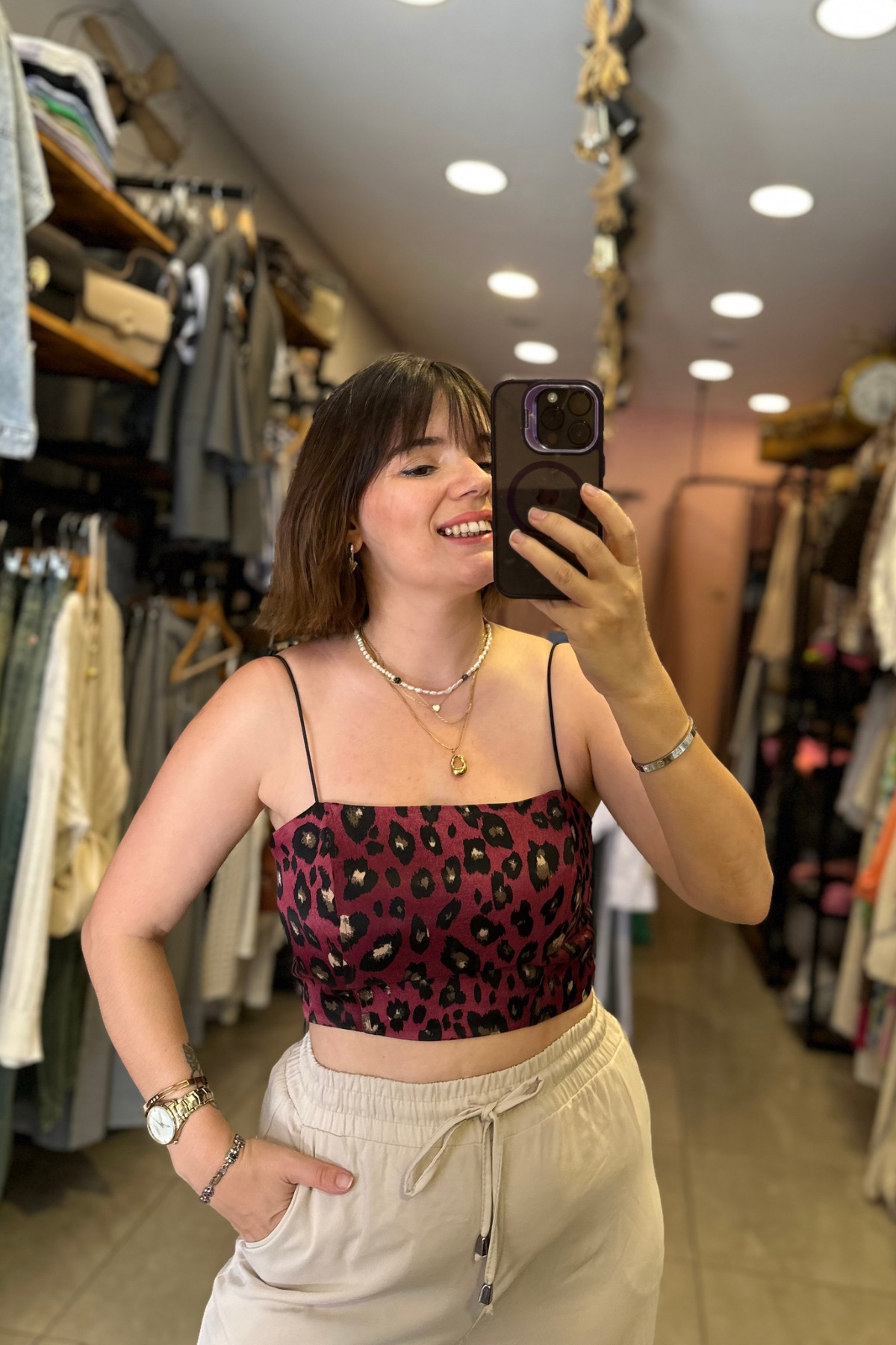 Leopar Desen Saten Bordo Crop