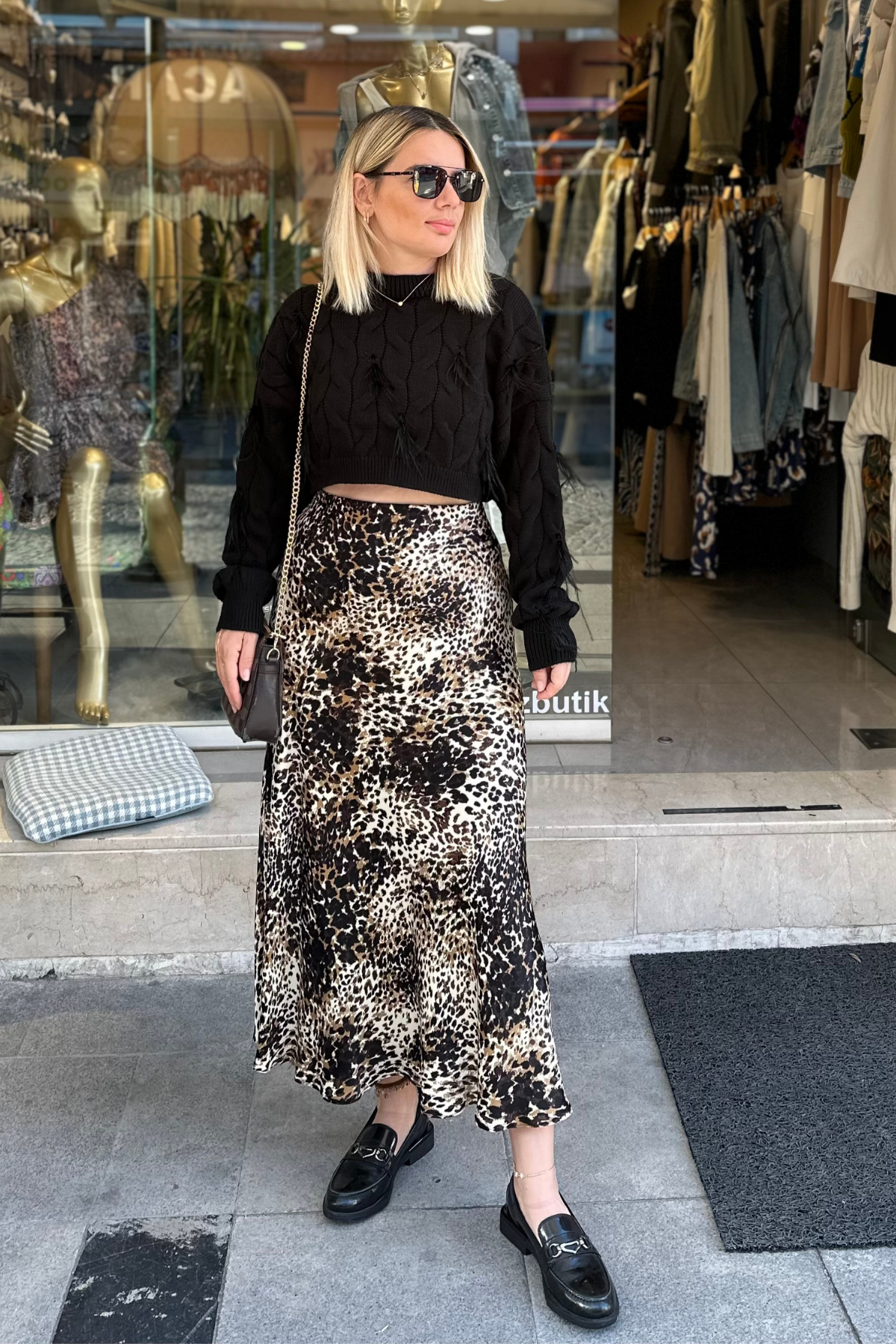 Leopar Desen Saten Etek