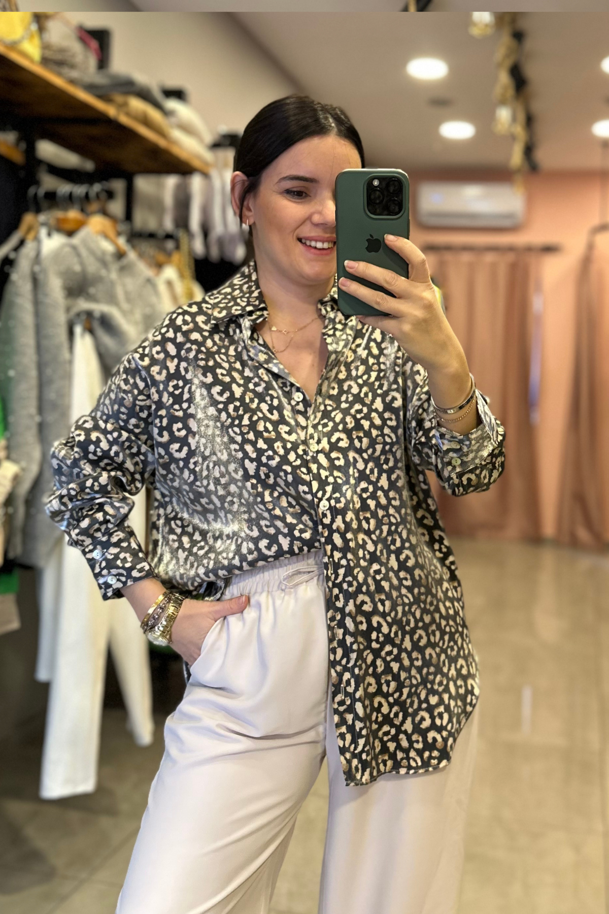 Leopar Desen Saten Gömlek