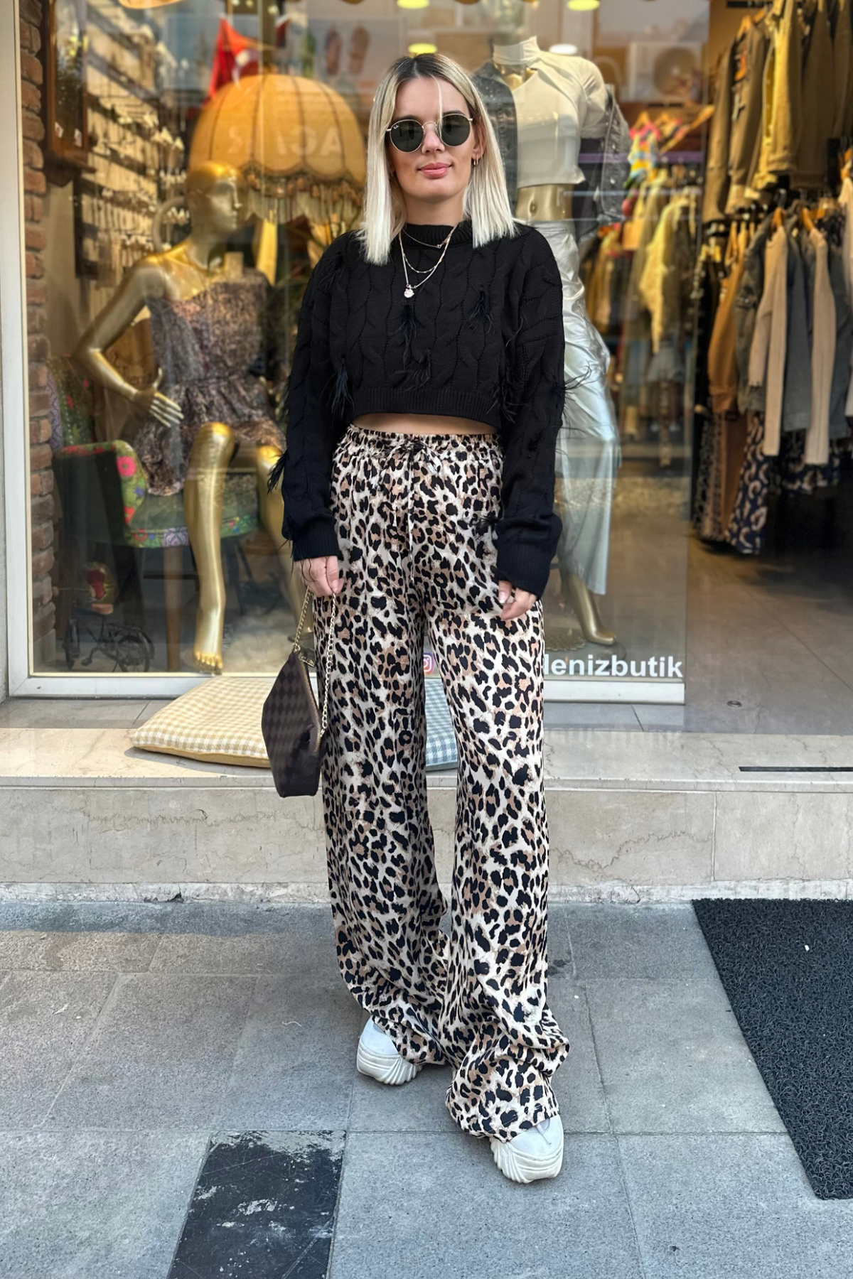 Leopar Desen Saten Pantolon