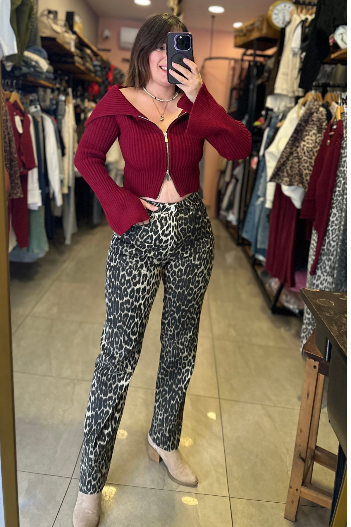 Leopar Kesik Paça Boyfit Jean