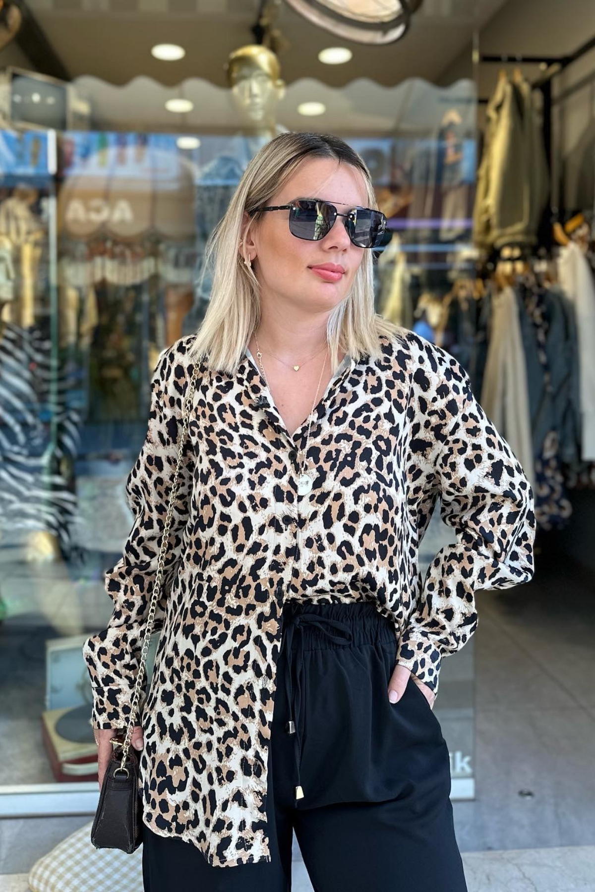 Leopar Saten Gömlek