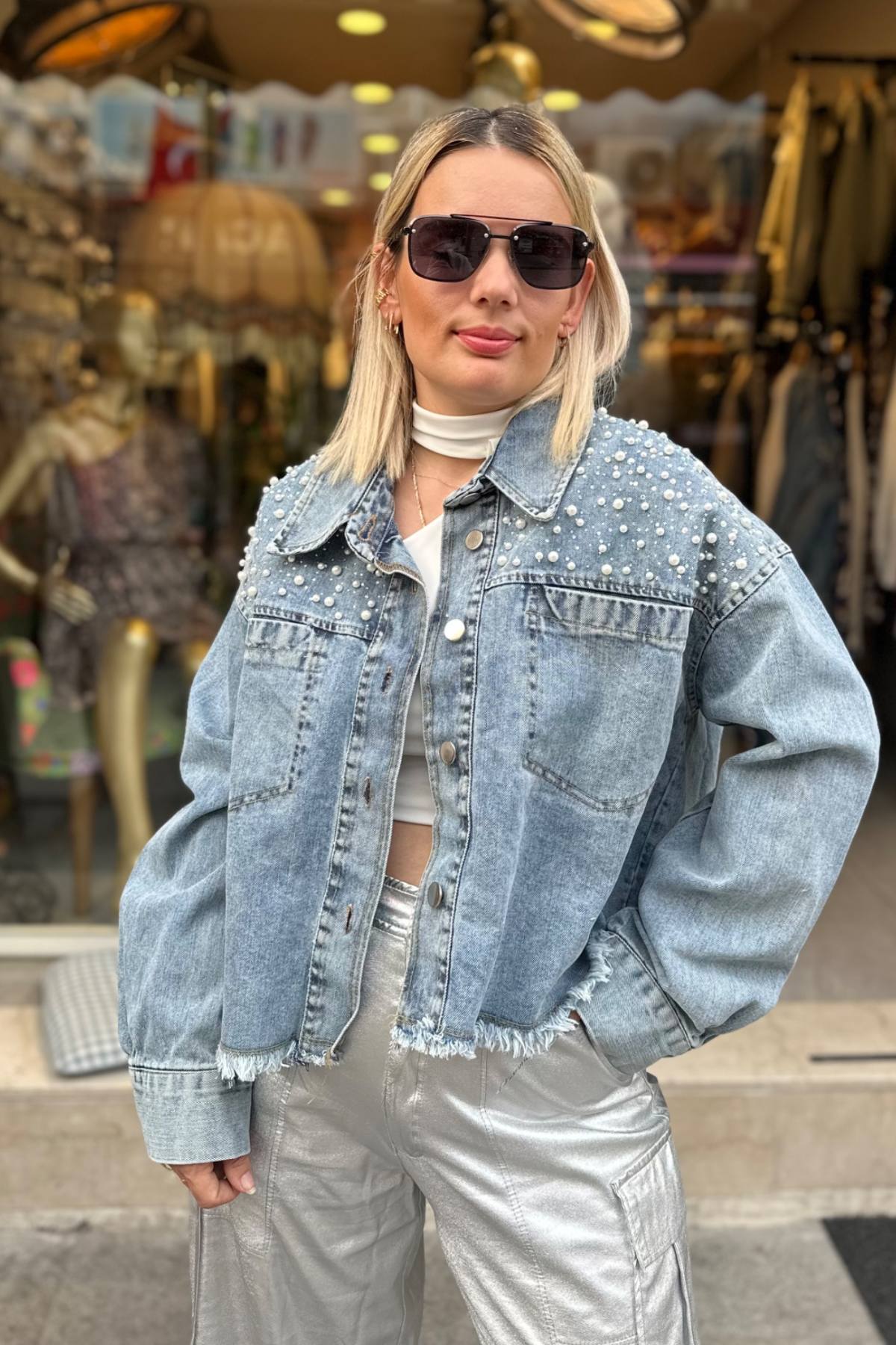 Marka muadili İnci Detay Denim Ceket