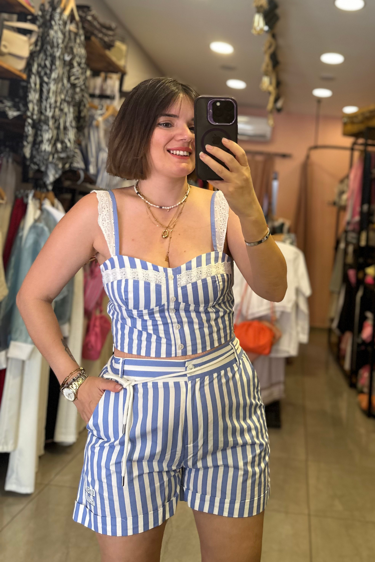 Mavi Beyaz Çizgili Poplin Kumaş Şort