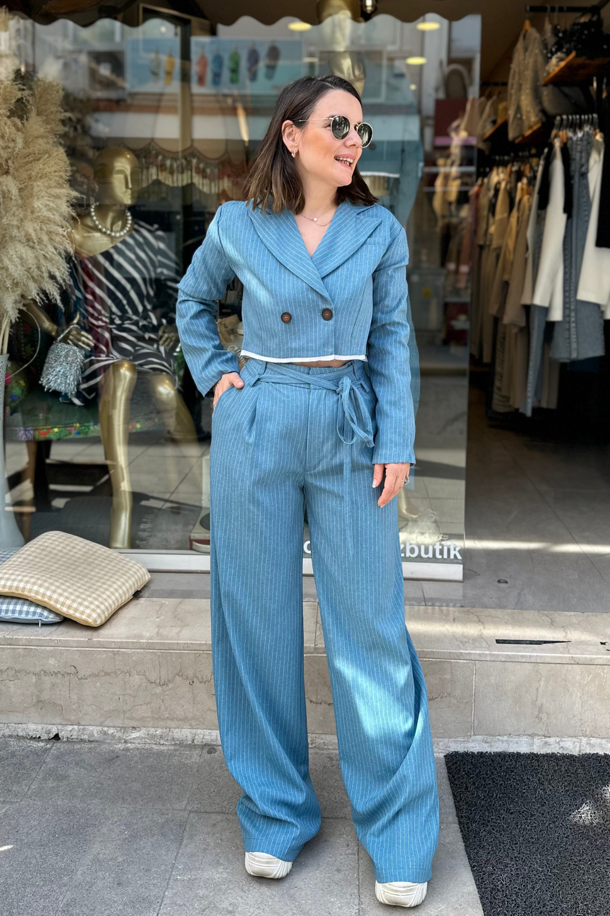Mavi Çizgili Kısa Blazer Palazzo Takım