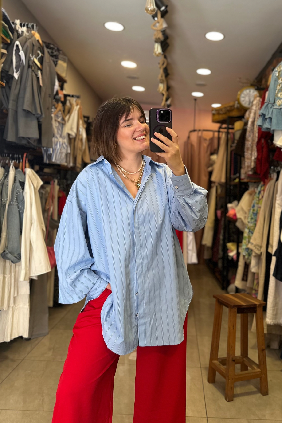 Mavi Çizgili Oversize Poplin Gömlek