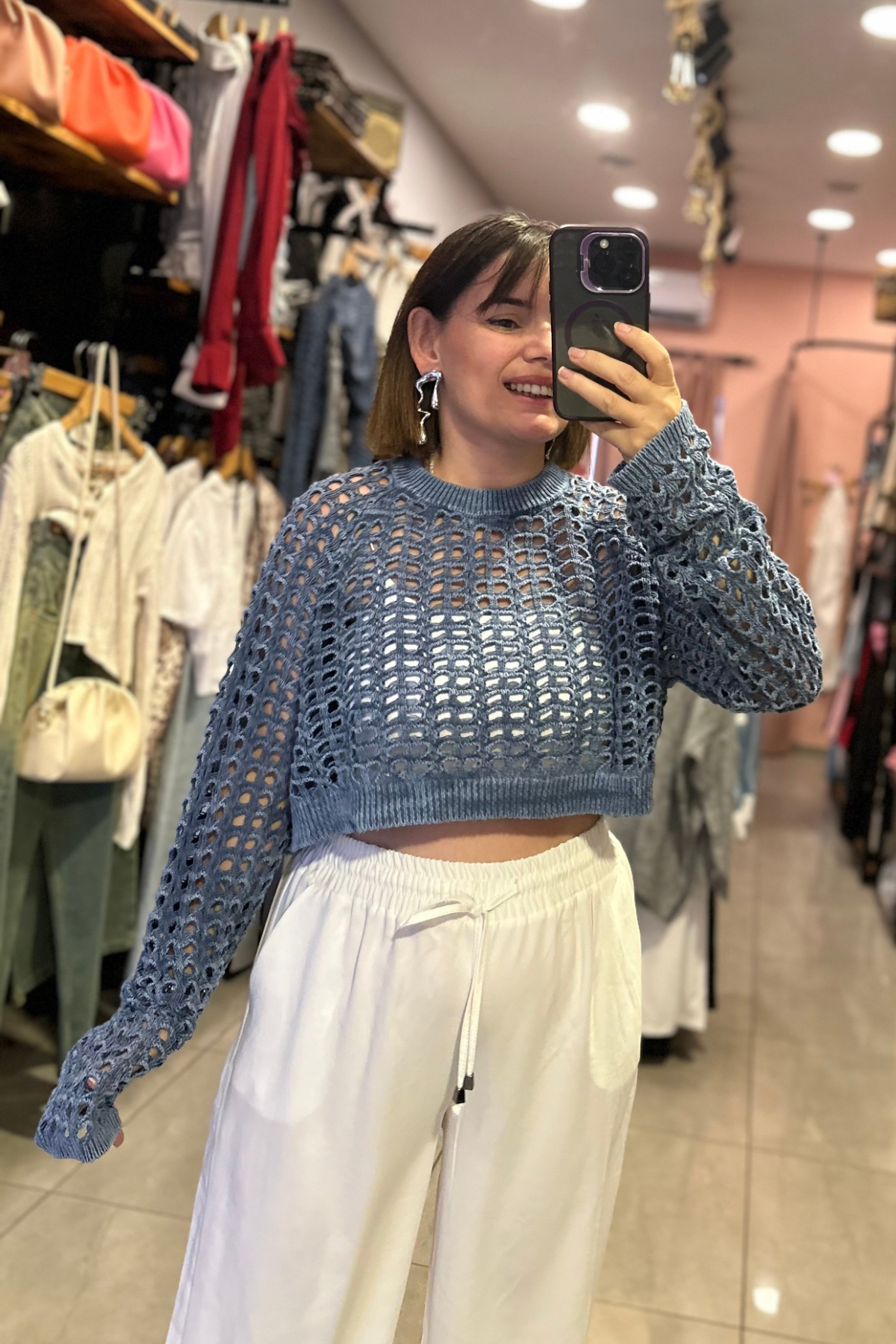 Mavi Eskitme Delikli Triko