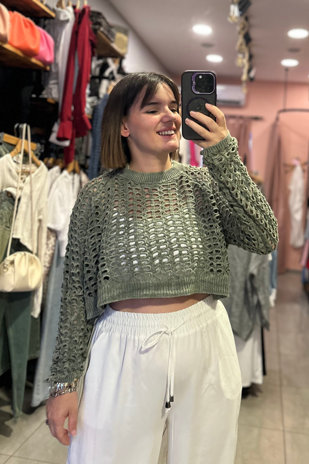 Mint Eskitme Delikli Triko