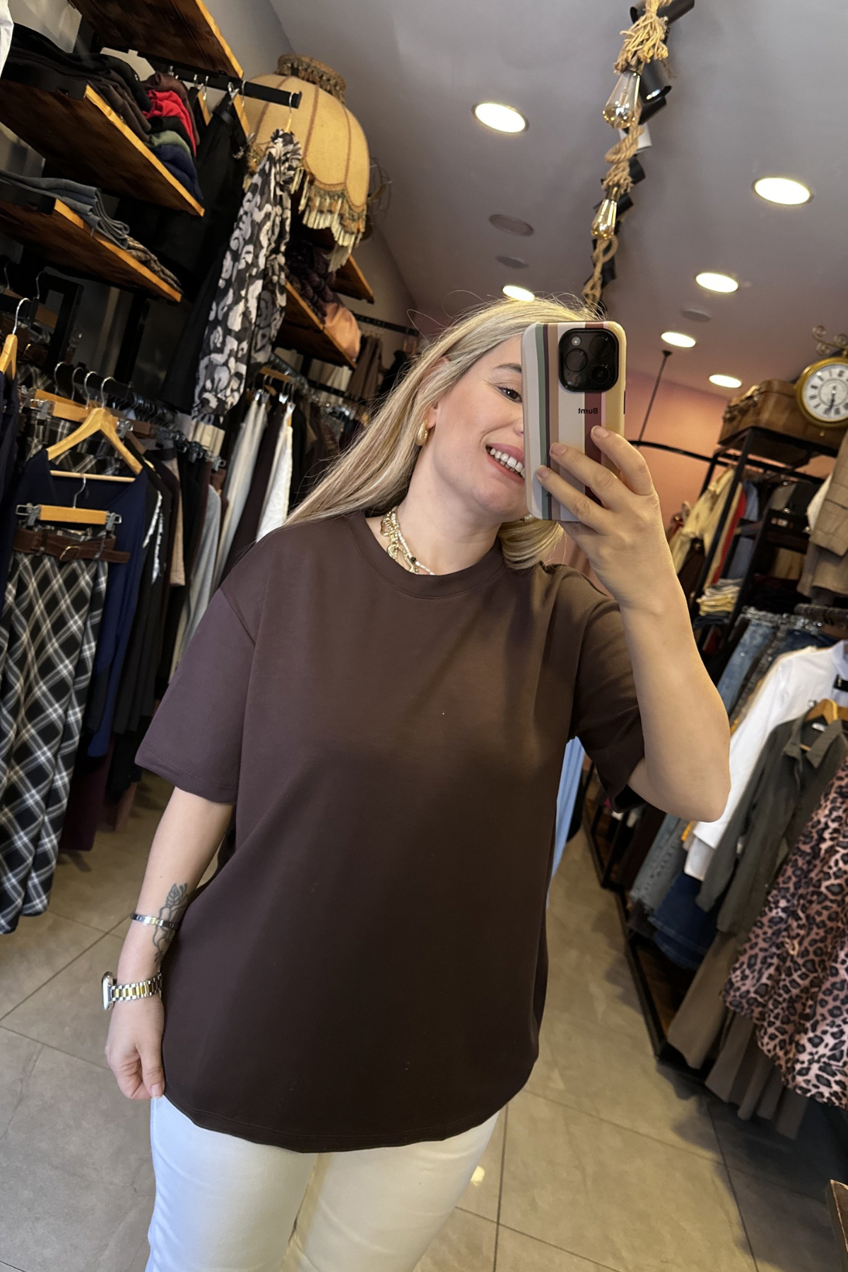 Modal Kumaş Oversize Tişört - Kahverengi