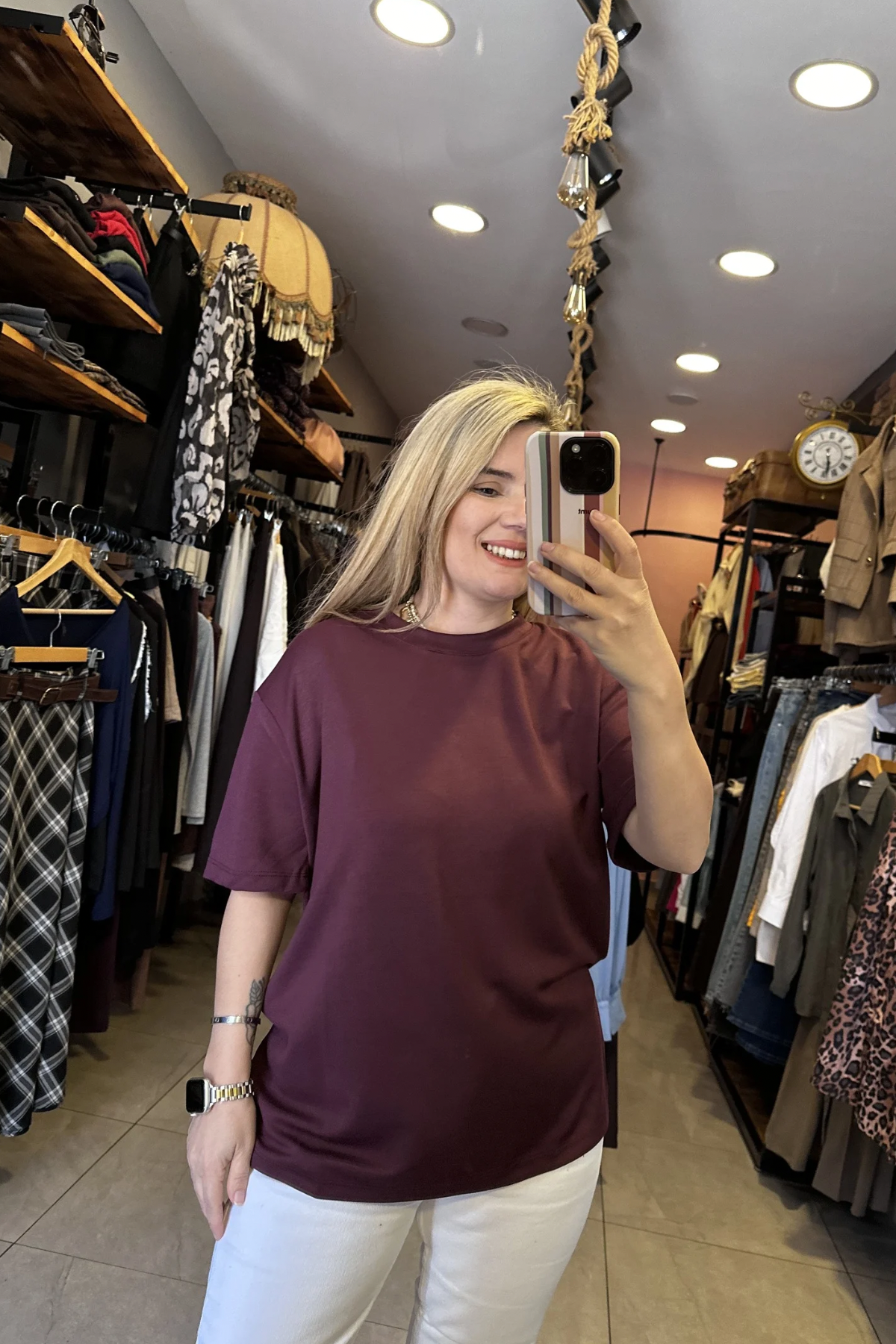 Modal Kumaş Oversize Tişört - Mürdüm