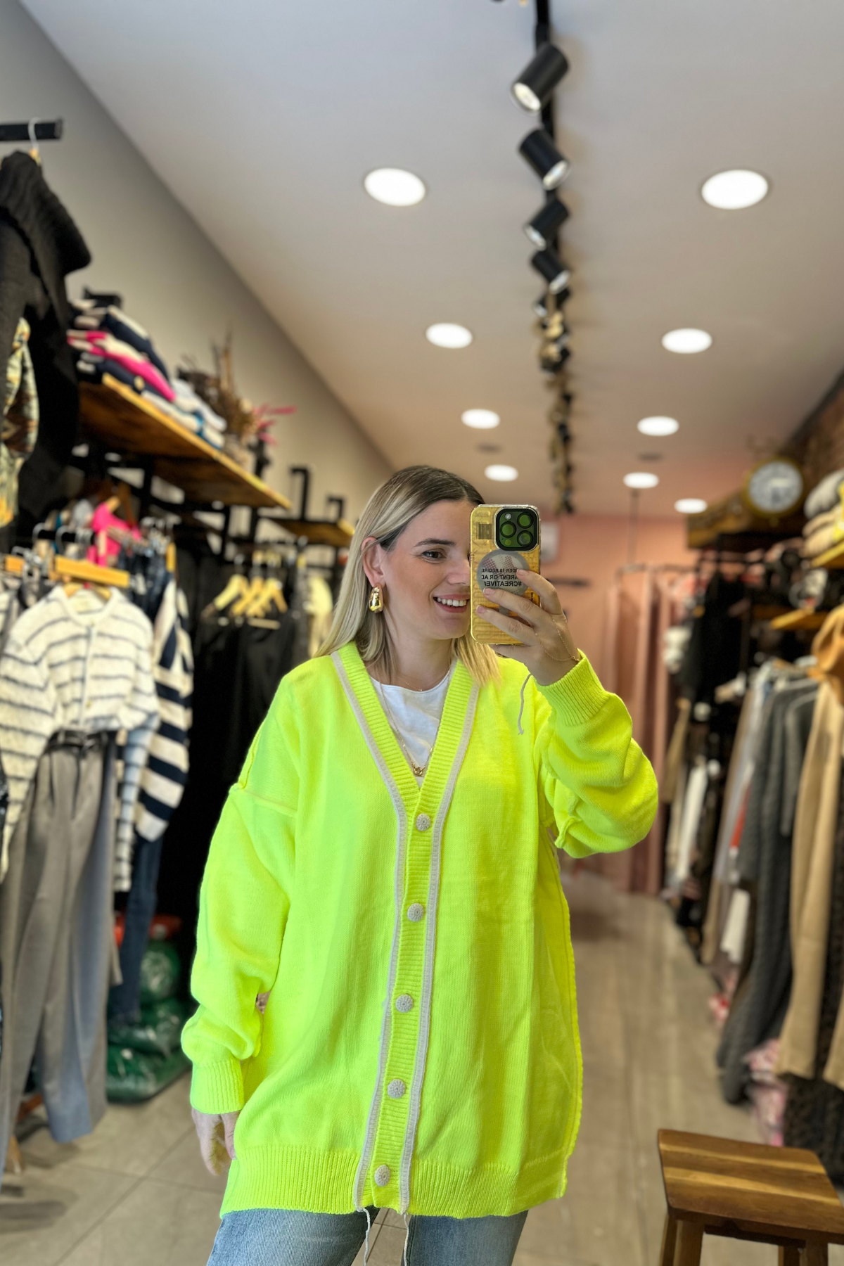 Neon sarı dikiş detay hırka
