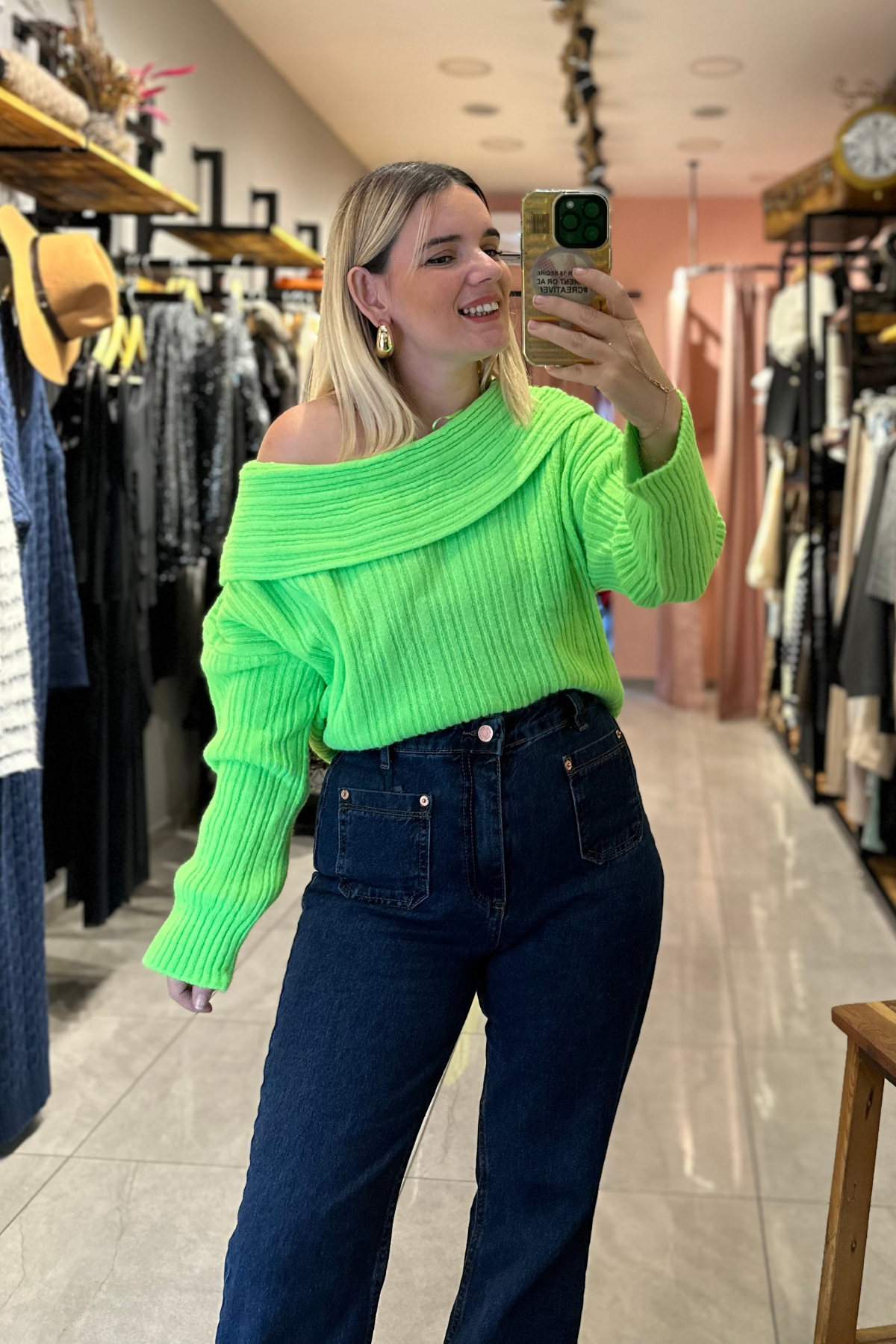 Neon yeşili Madonna Yaka Hırka