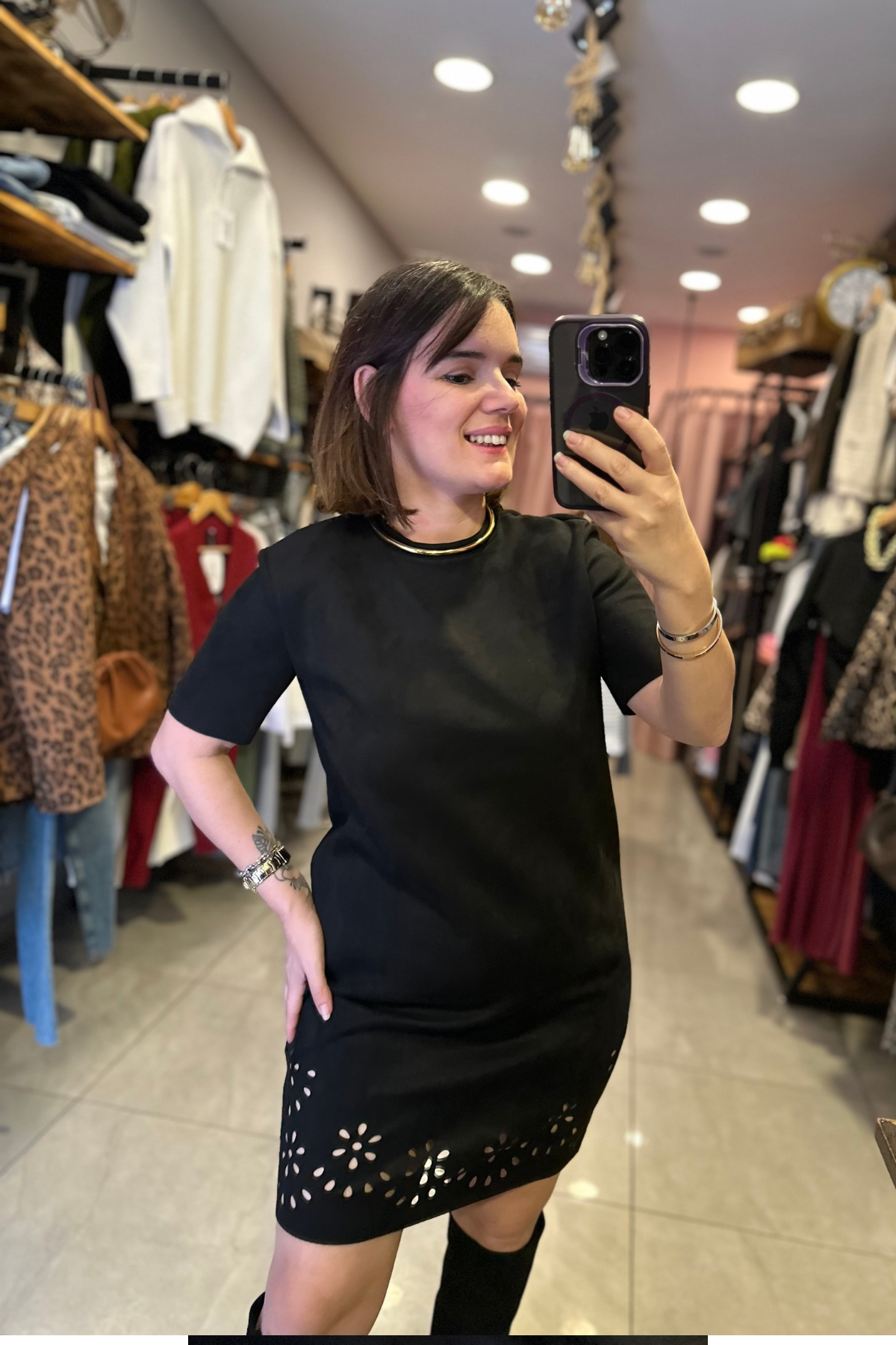 Nubuk Lazer Kesim Detay Mini Elbise
