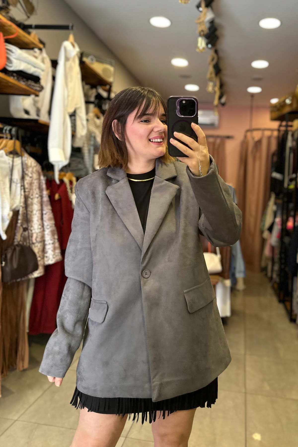Nubuk Tek Düğme Blazer Ceket - GRİ