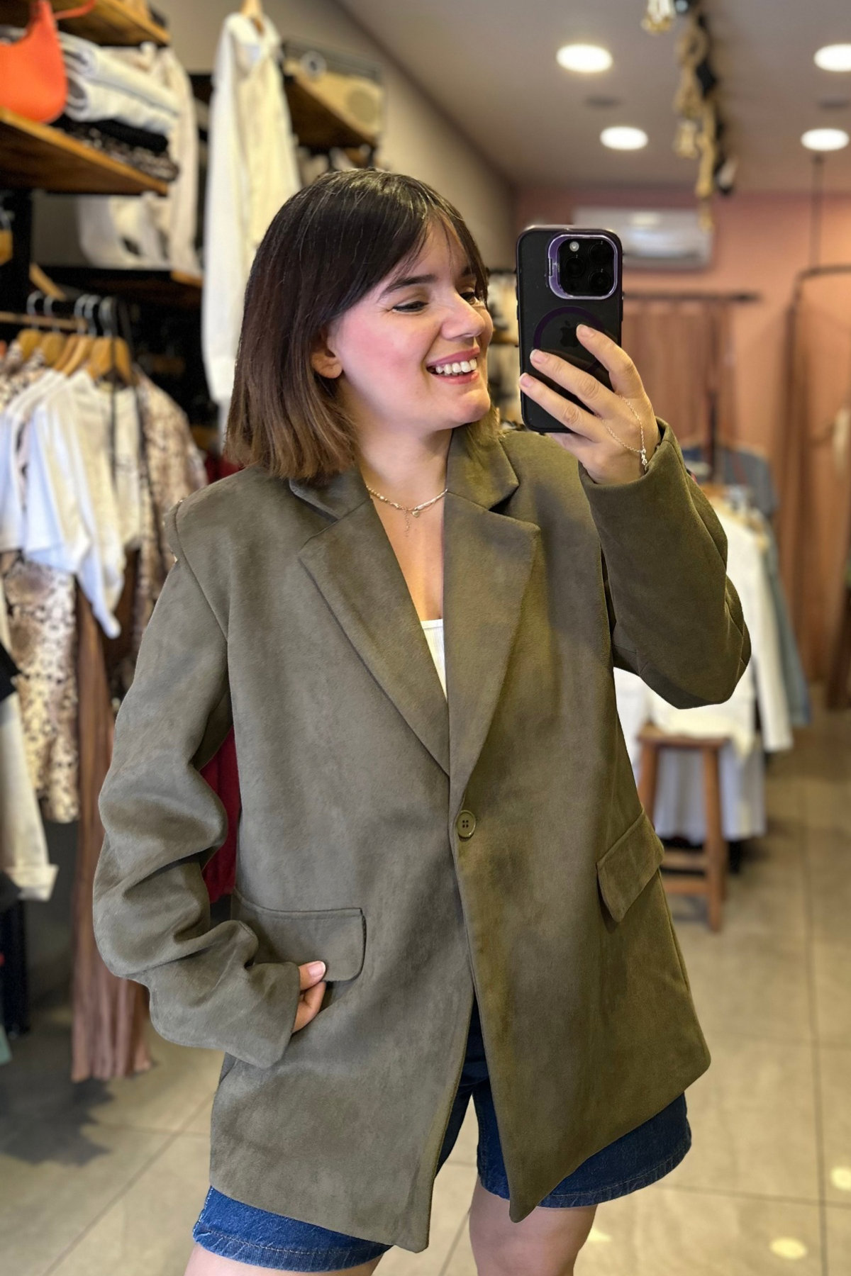 Nubuk Tek Düğme Blazer Ceket - HAKİ